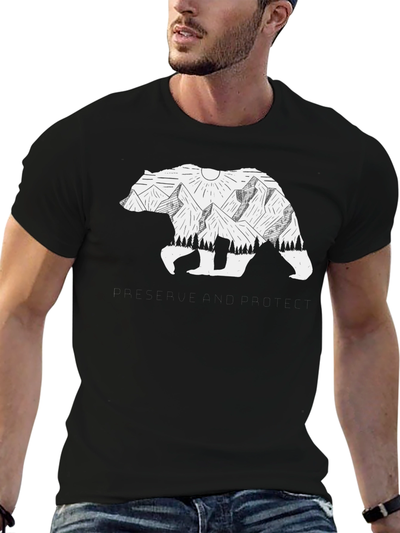 Bear & Mountain Graphic Tee - Black Unisex T-Shirt