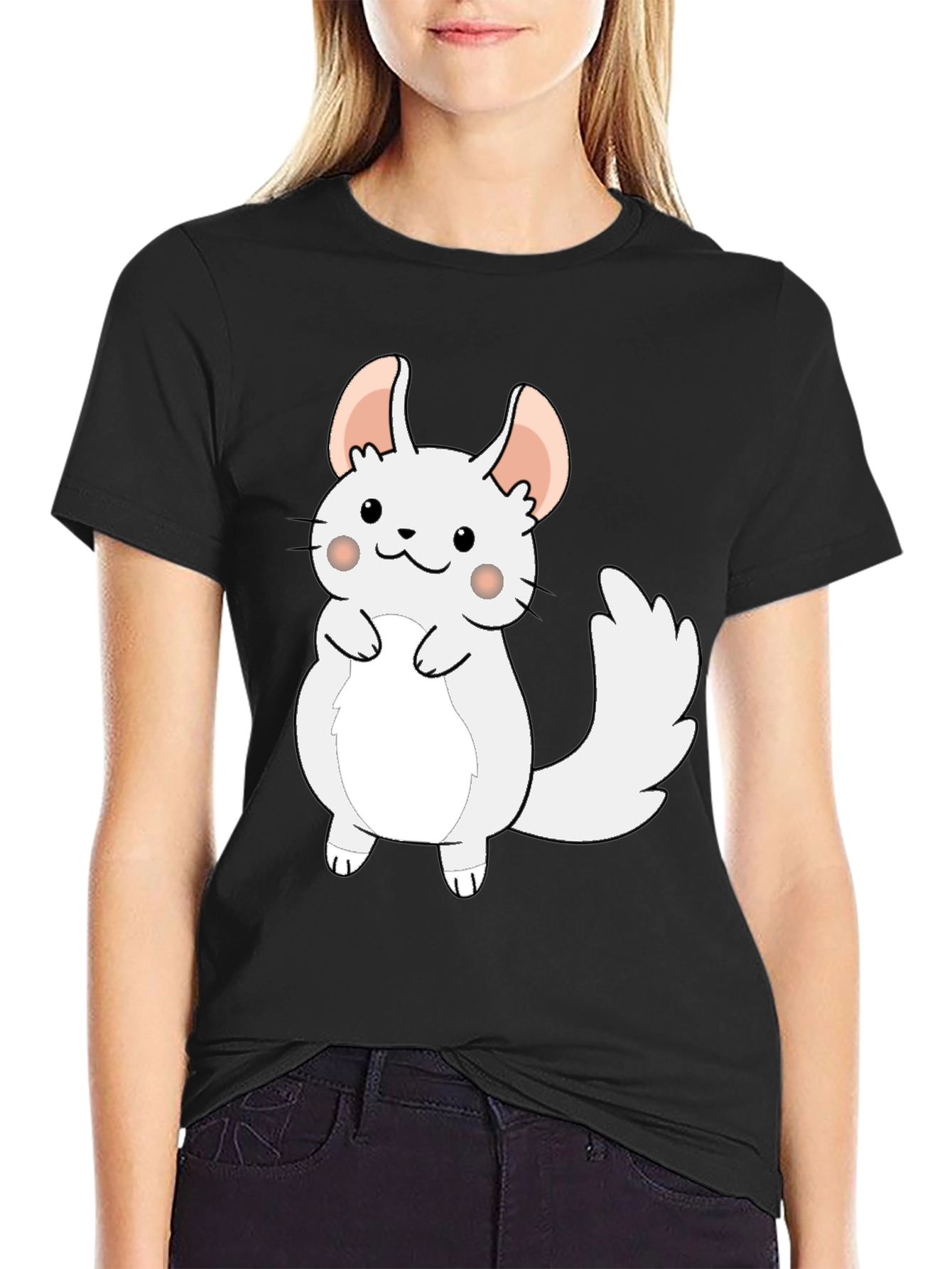 Cute Cartoon Chinchilla Graphic Tee - Black