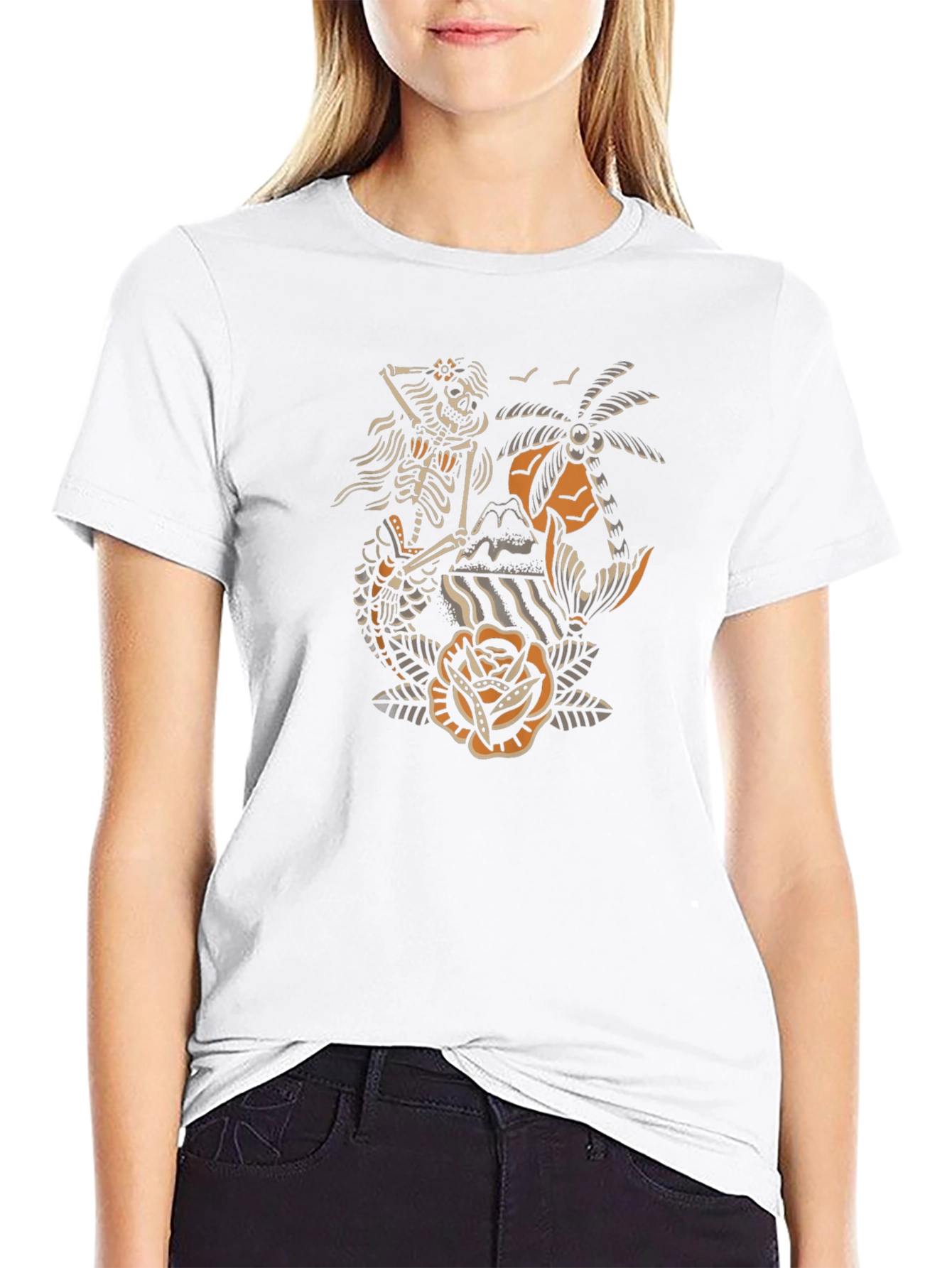 Skeleton Mermaid Tattoo Style Graphic Tee