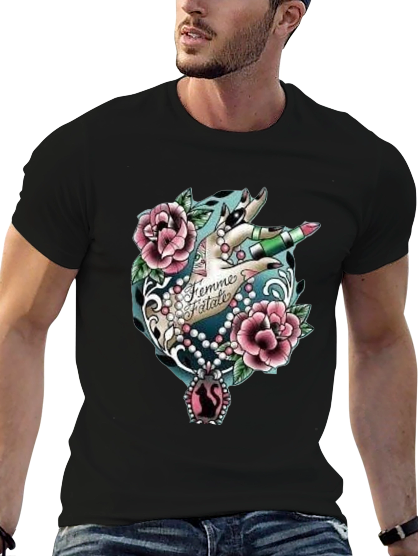 Femme Fatale Graphic T-Shirt - Roses & Lipstick Design