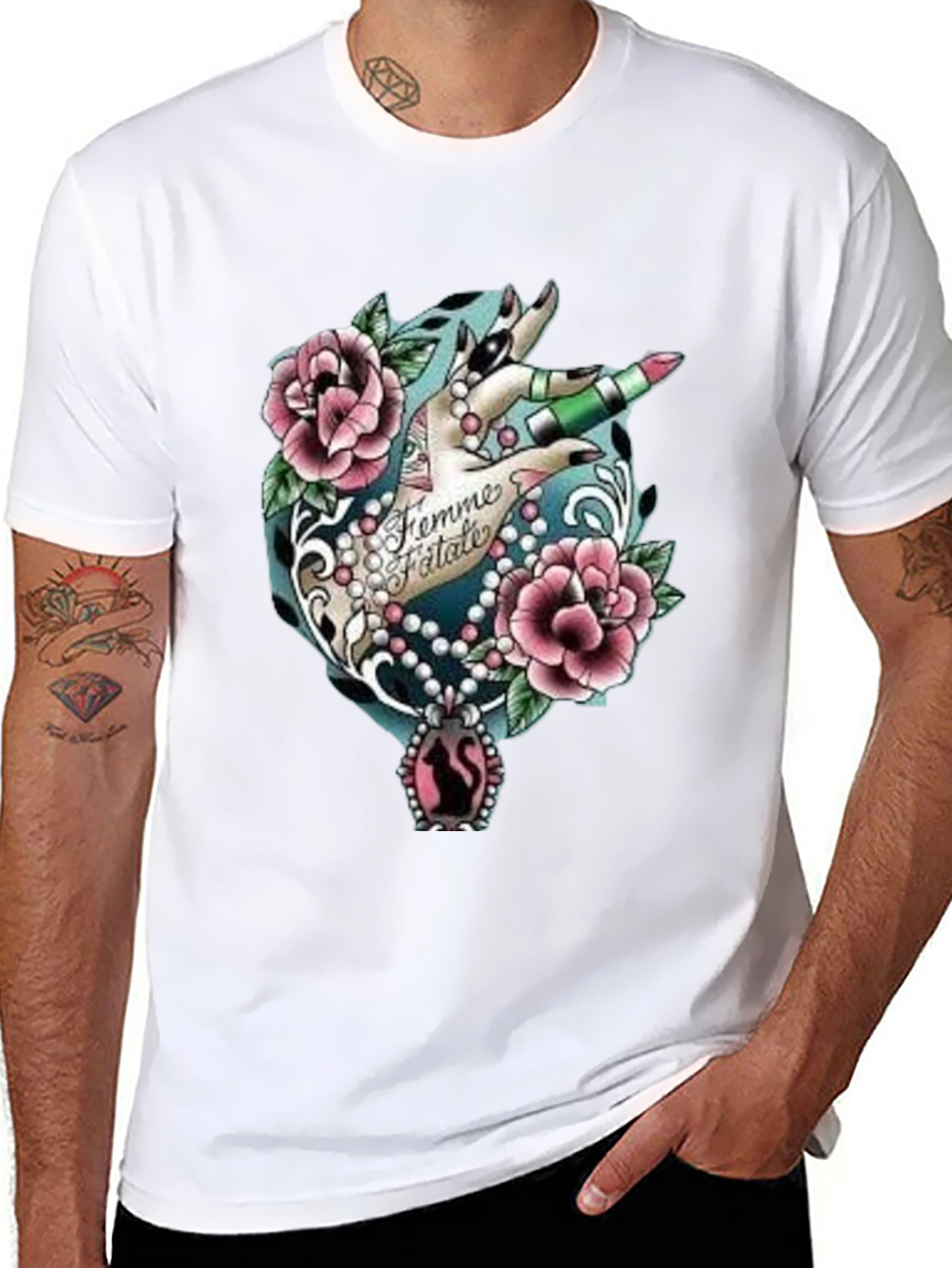Femme Fatale Graphic T-Shirt - Roses & Lipstick Design