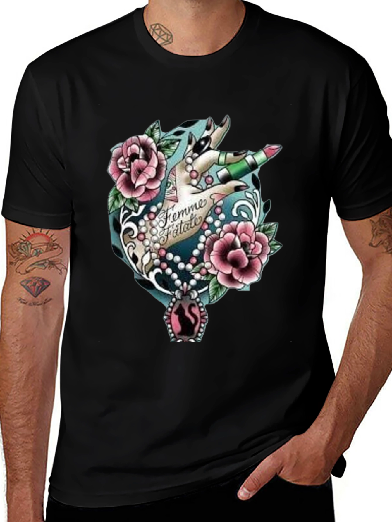 Femme Fatale Graphic T-Shirt - Roses & Lipstick Design
