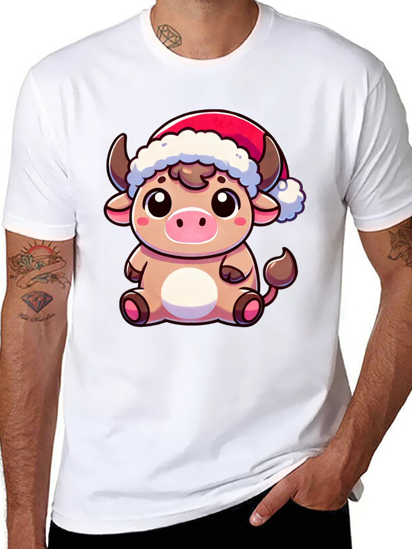 Festive Cow T-Shirt - Holiday Cartoon Bull Tee