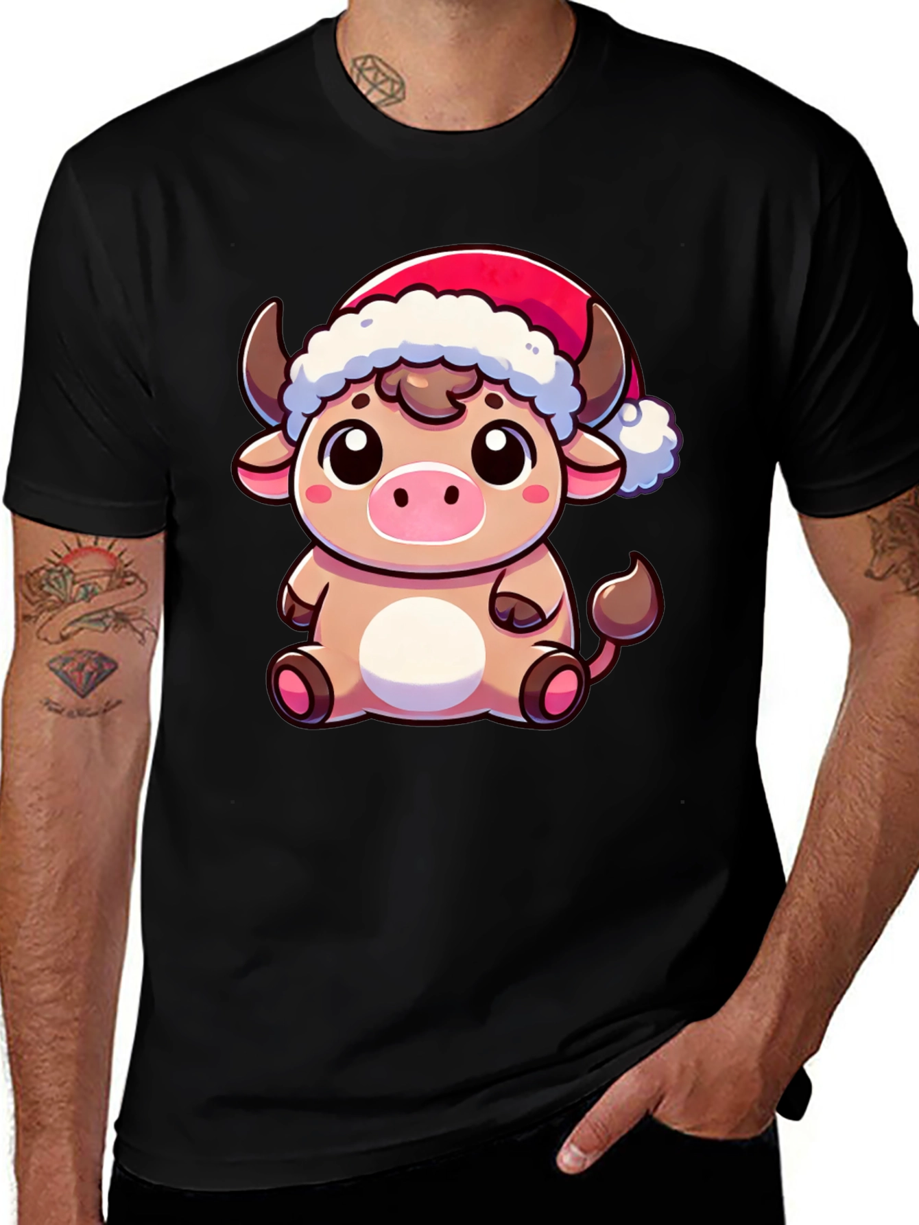 Festive Cow T-Shirt - Holiday Cartoon Bull Tee