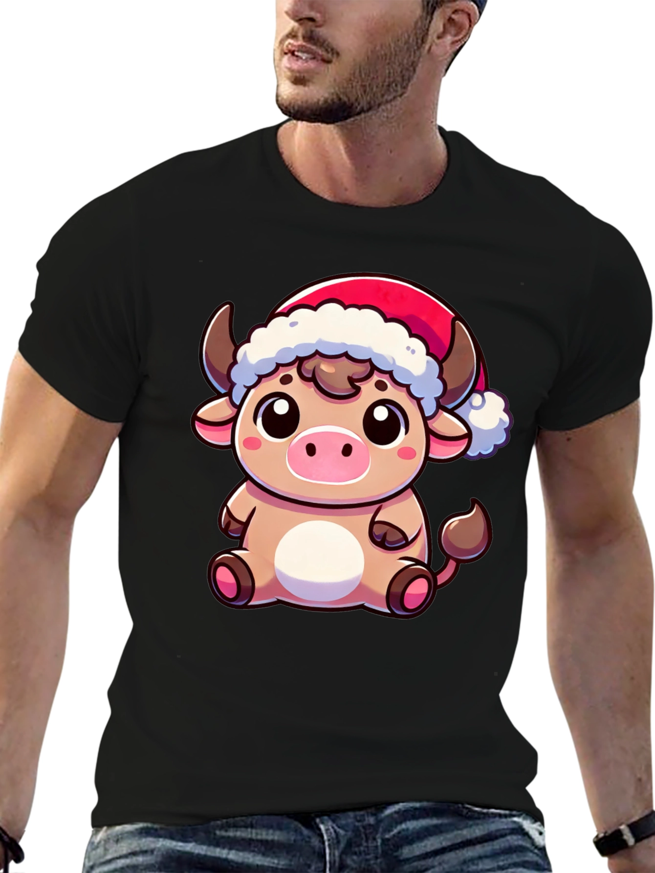 Festive Cow T-Shirt - Holiday Cartoon Bull Tee