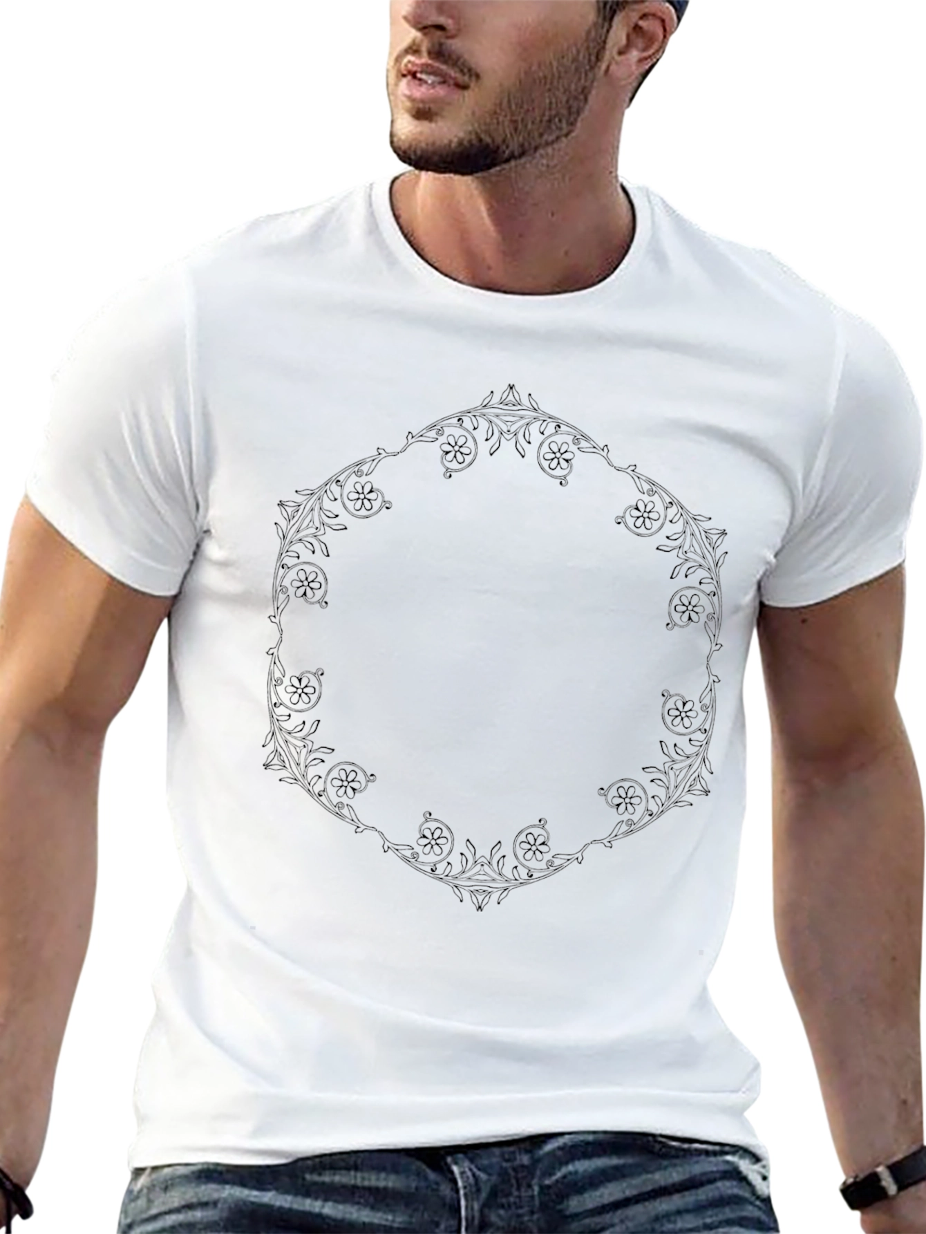 Elegant Black T-Shirt with Floral Hexagon Design