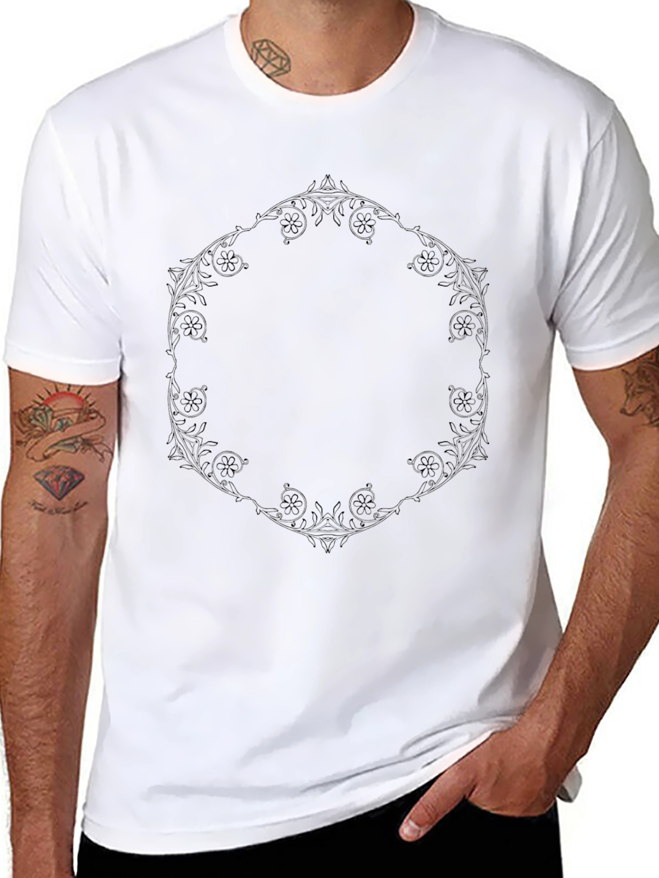 Elegant Black T-Shirt with Floral Hexagon Design