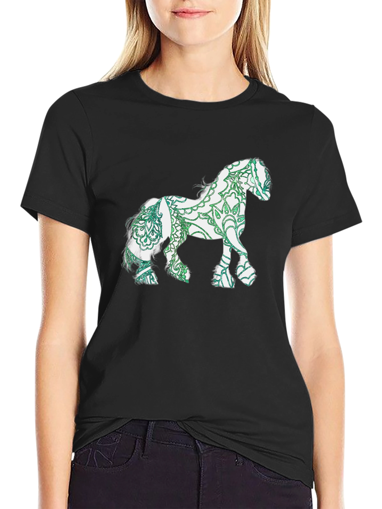 Horse Mandala Print Black T-Shirt