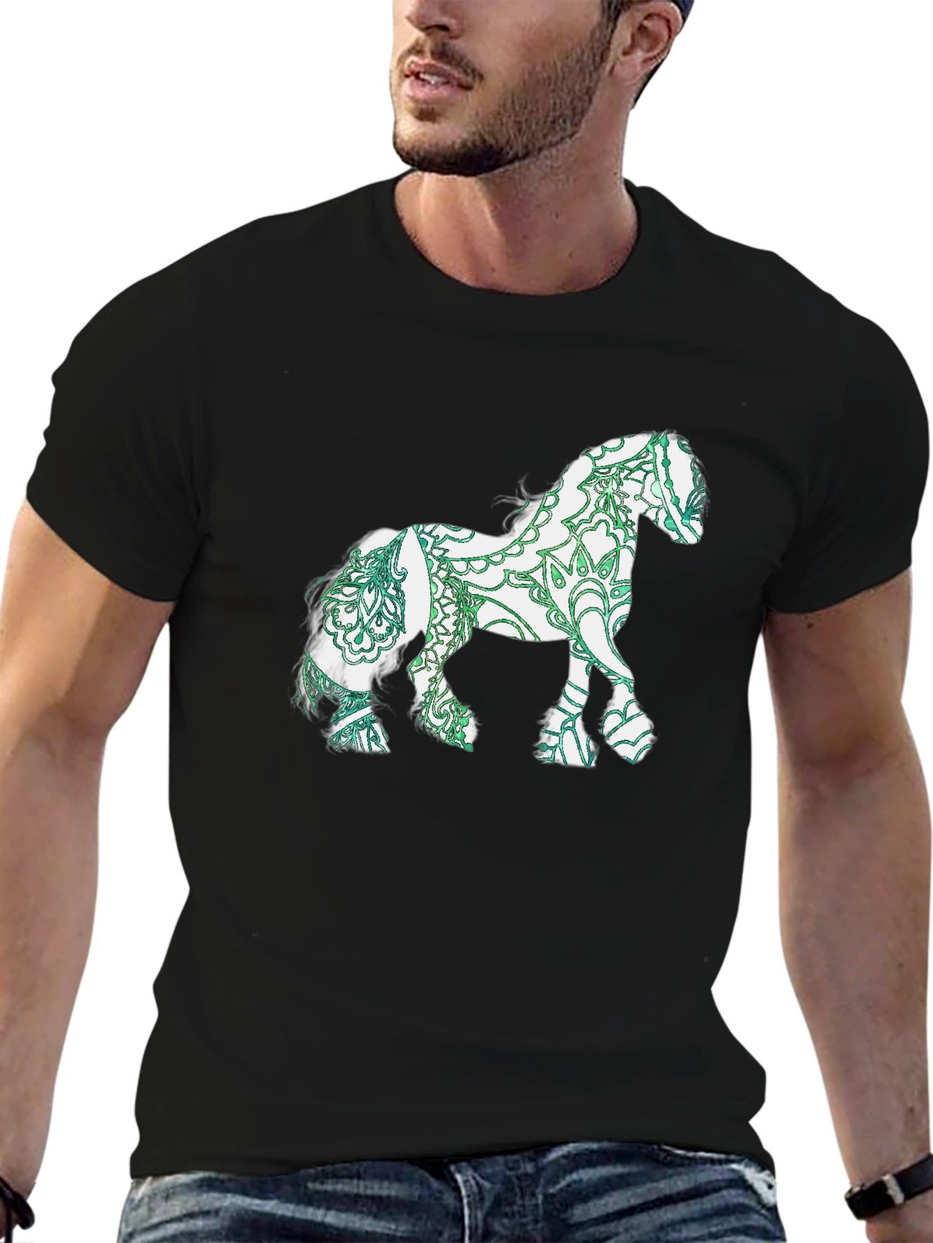 Horse Mandala Print Black T-Shirt