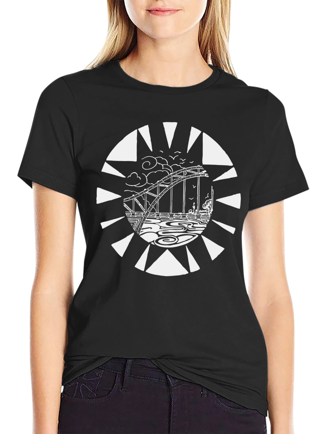 Graphic Tee: Bridge Design Black Cotton T-Shirt
