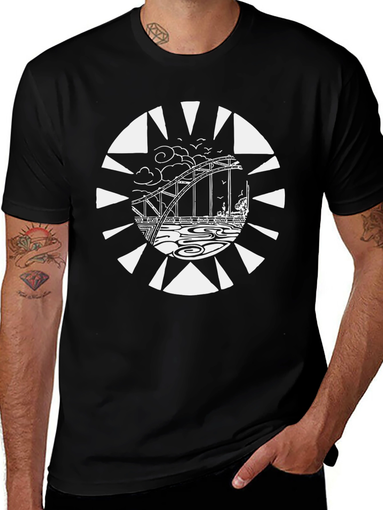 Graphic Tee: Bridge Design Black Cotton T-Shirt