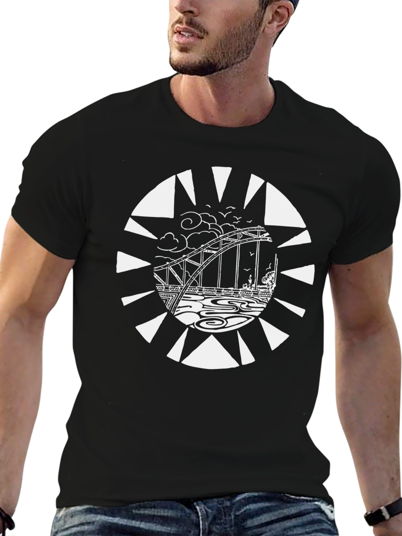 Graphic Tee: Bridge Design Black Cotton T-Shirt