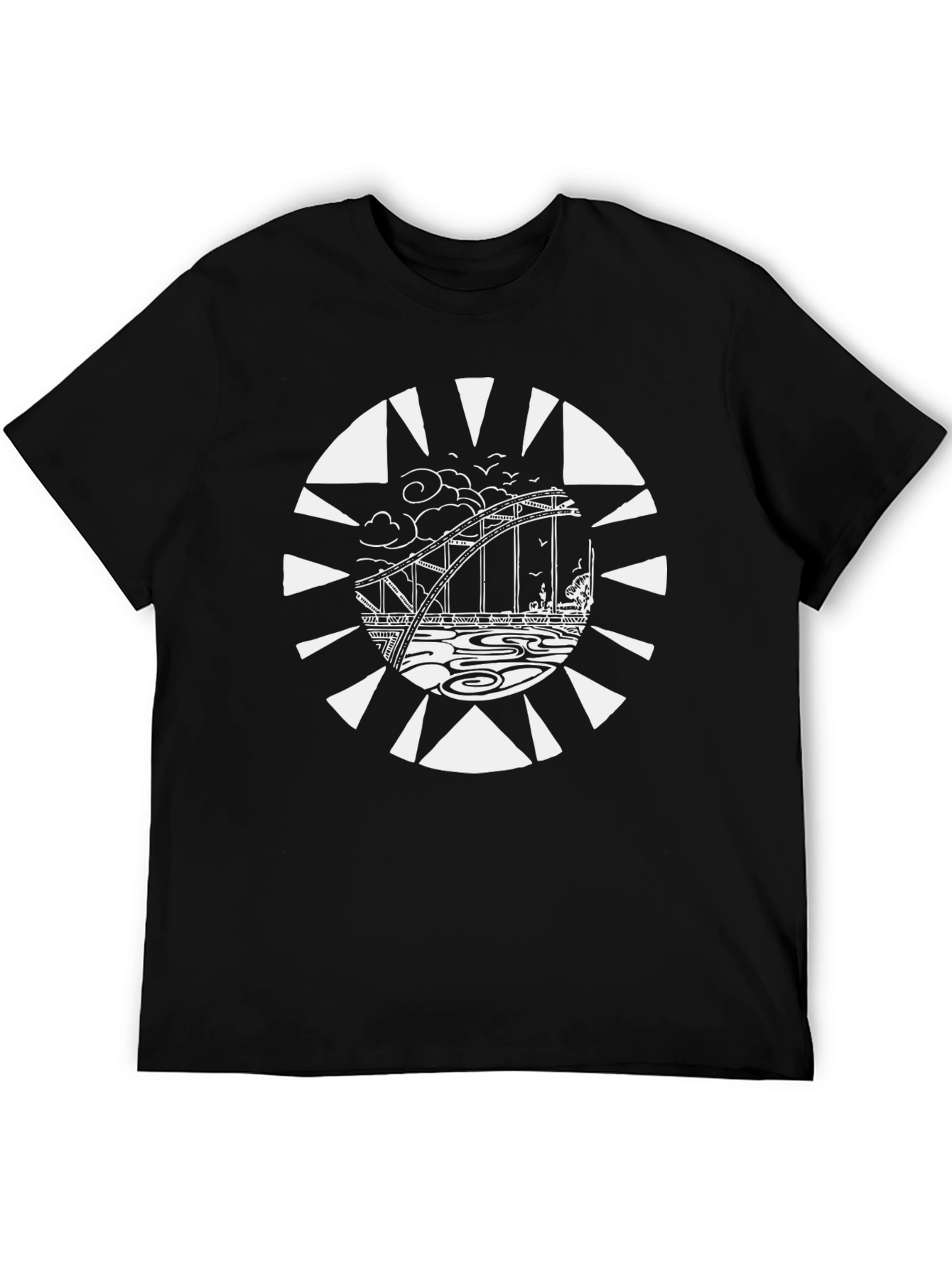 Graphic Tee: Bridge Design Black Cotton T-Shirt