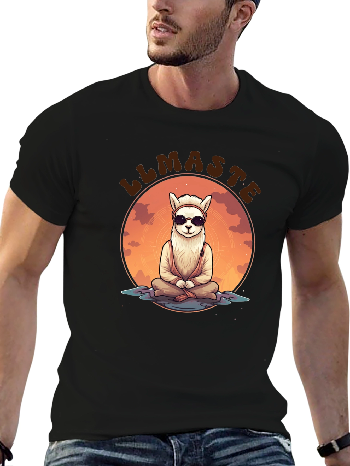 Llamaste Black T-Shirt: Meditating Llama Design