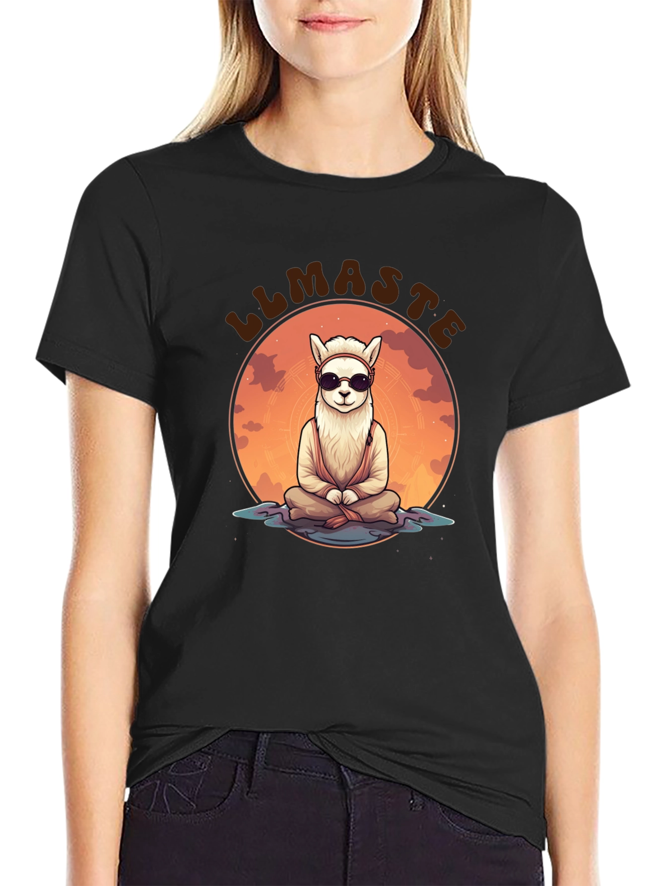 Llamaste Black T-Shirt: Meditating Llama Design