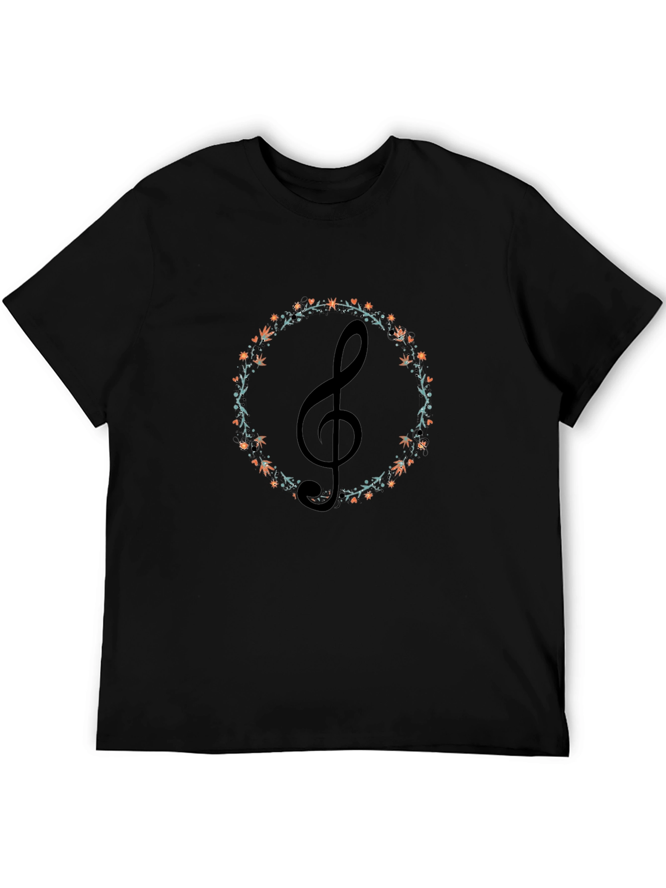 Musical Treble Clef Floral Wreath Black T-Shirt
