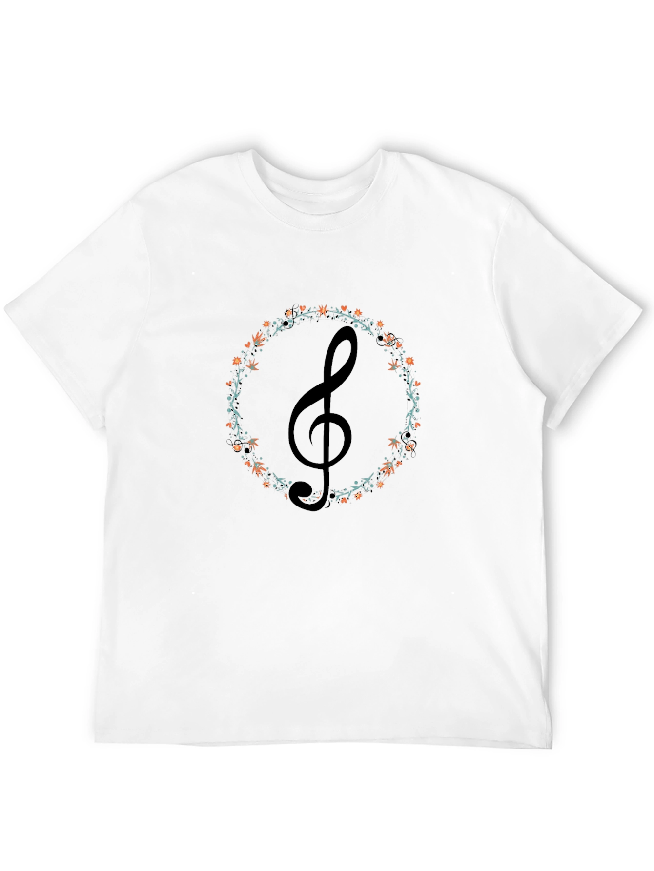 Musical Treble Clef Floral Wreath Black T-Shirt