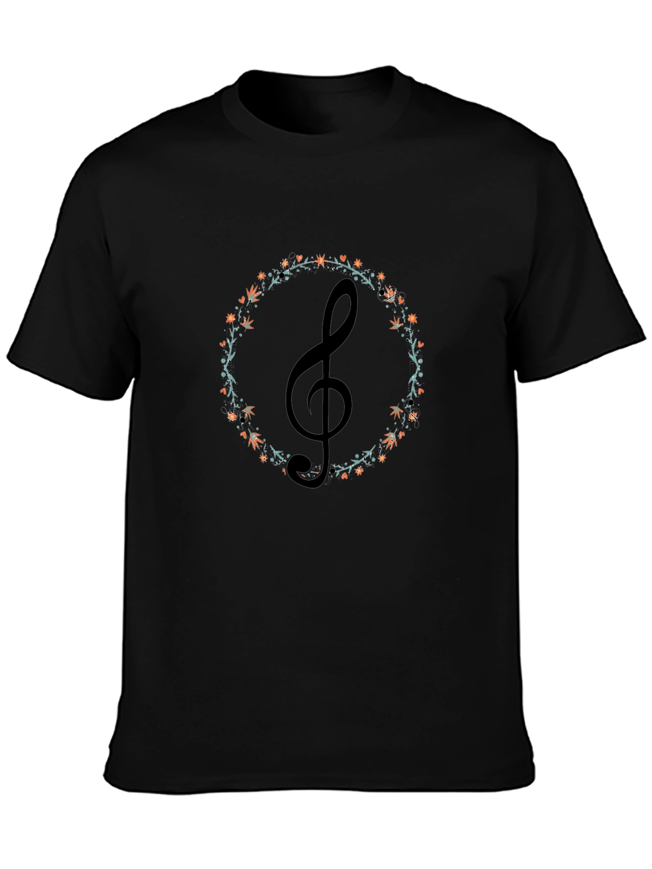 Musical Treble Clef Floral Wreath Black T-Shirt