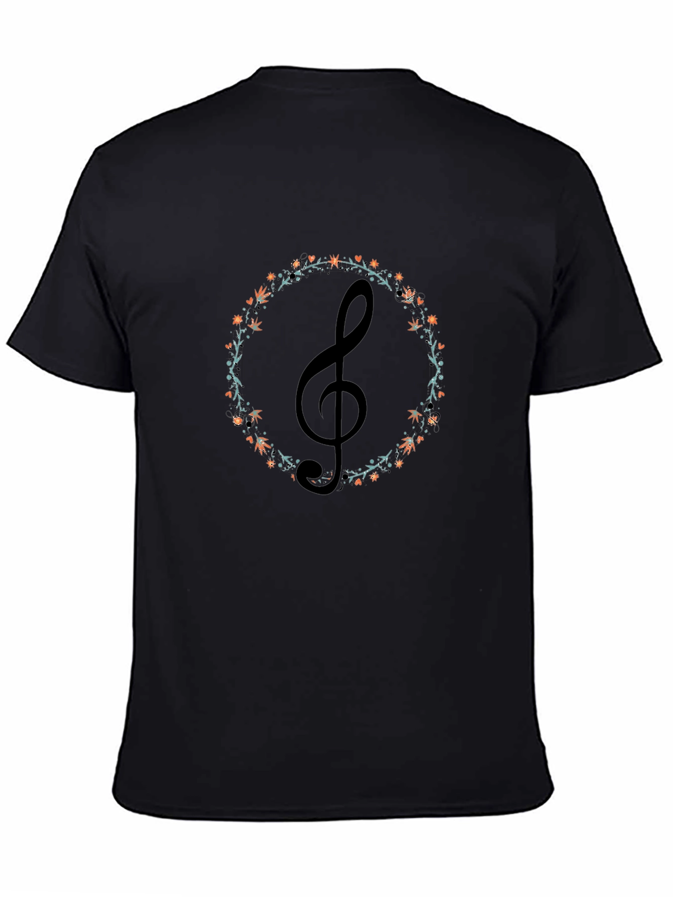 Musical Treble Clef Floral Wreath Black T-Shirt
