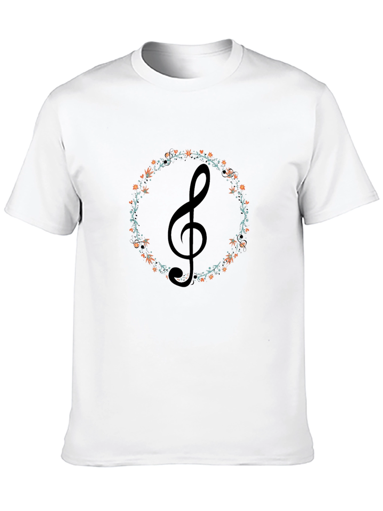 Musical Treble Clef Floral Wreath Black T-Shirt