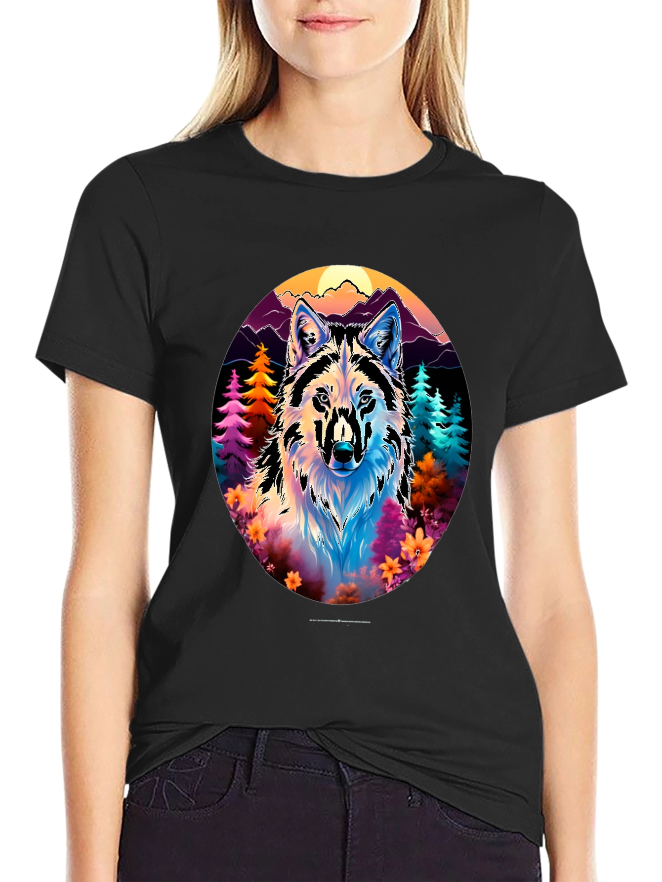 Vibrant Wolf Graphic Tee - Unisex Black T-Shirt