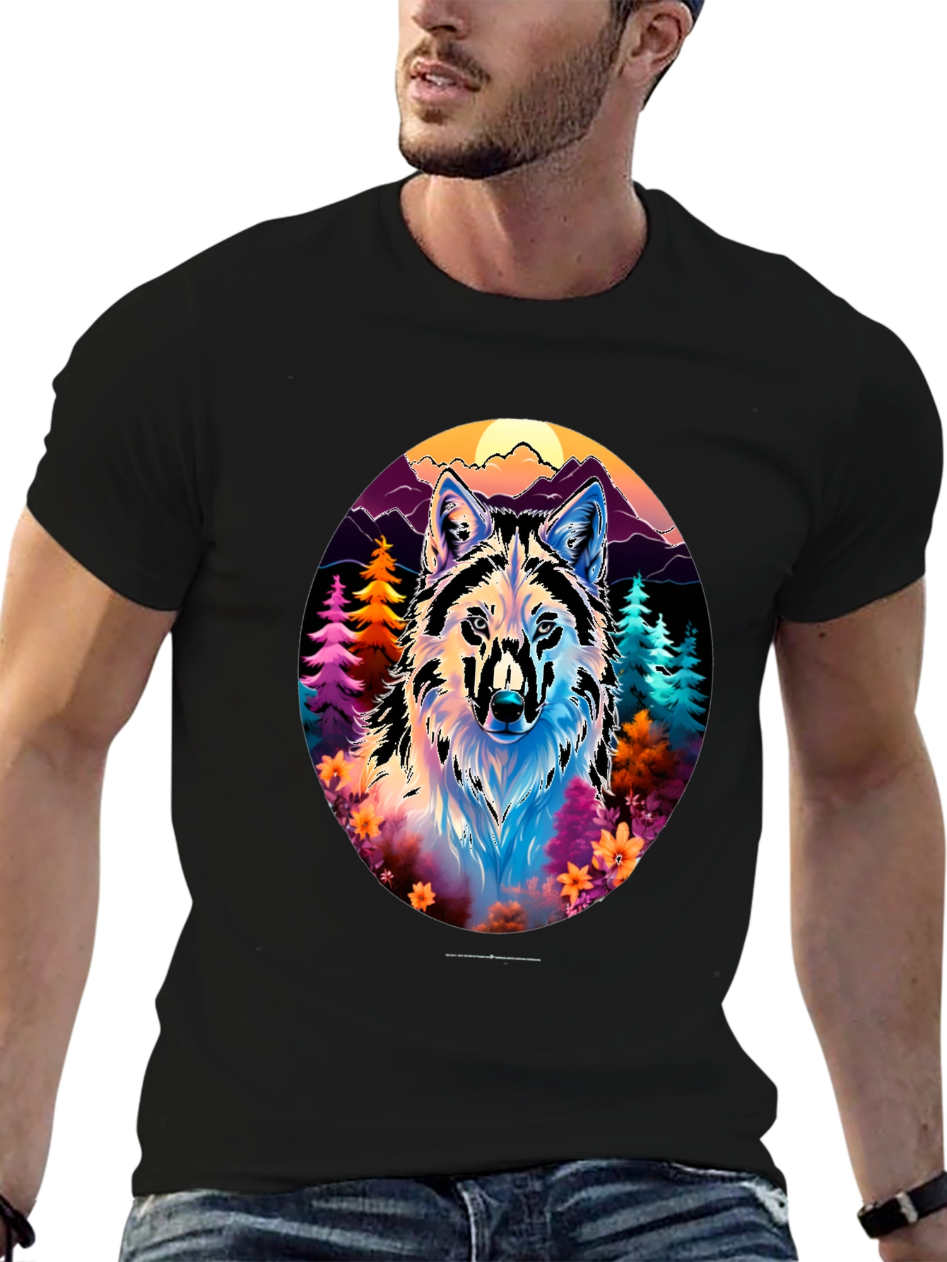 Vibrant Wolf Graphic Tee - Unisex Black T-Shirt