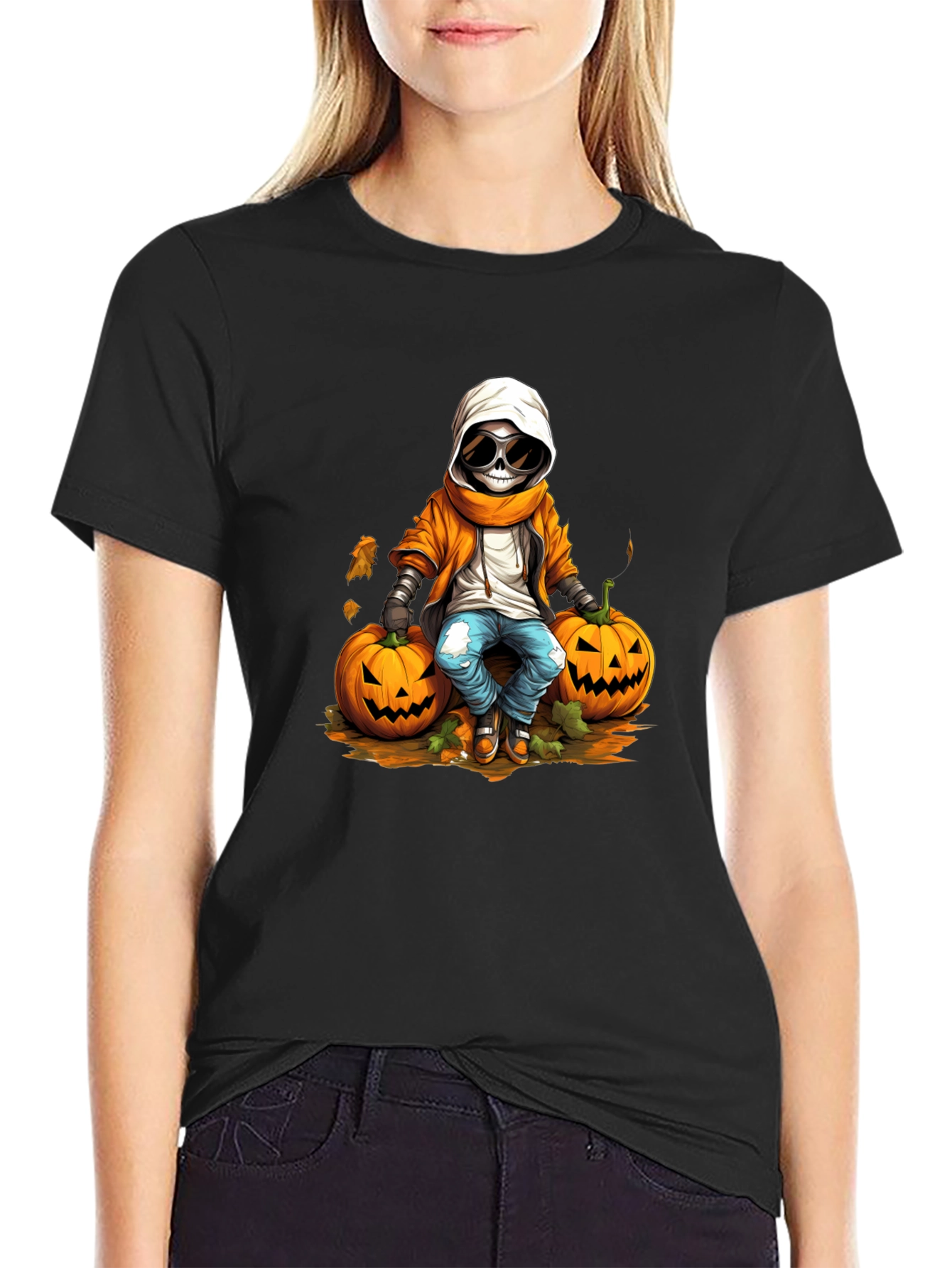Halloween Skeleton Pumpkin Graphic Tee