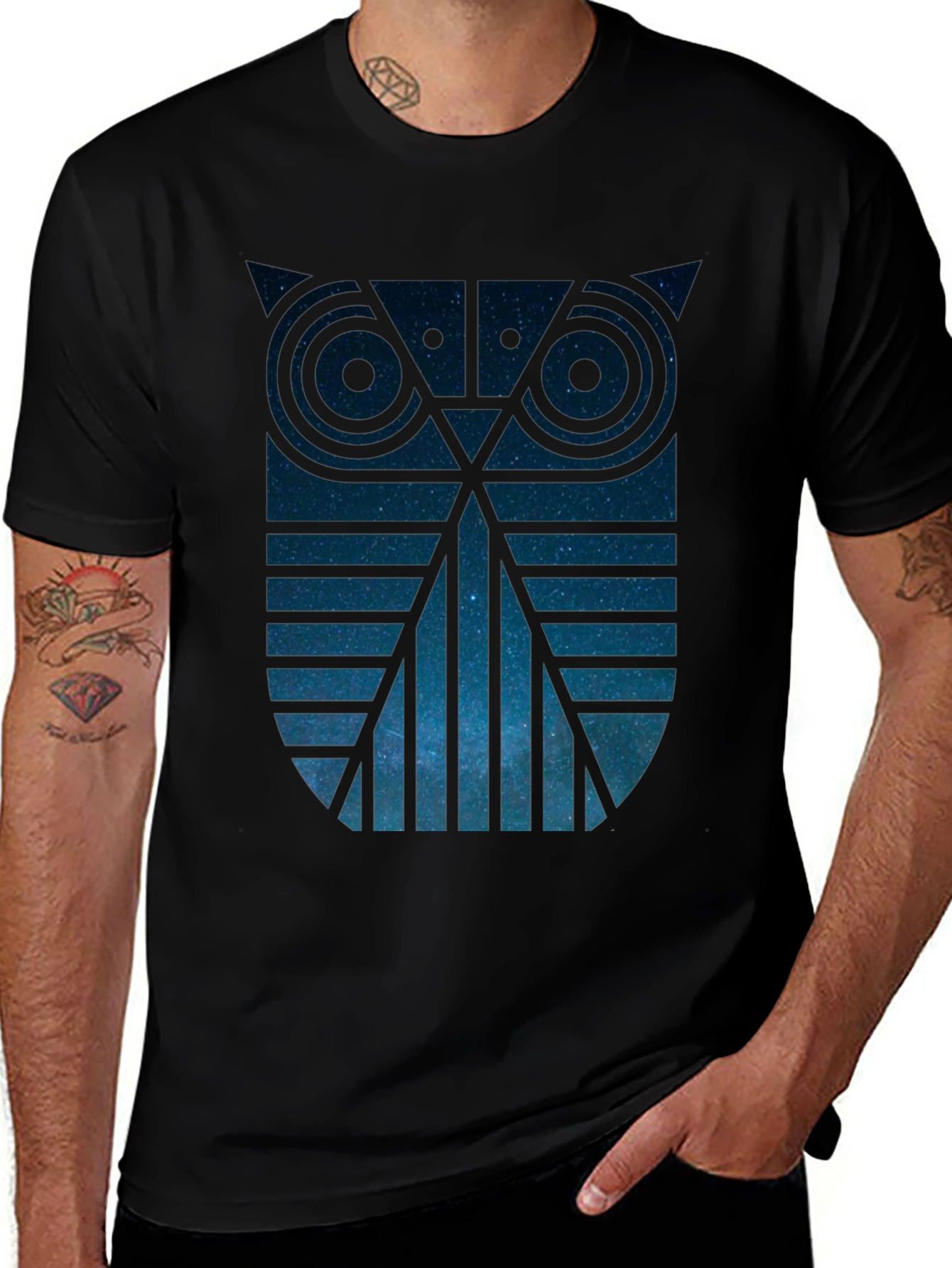 Geometric Owl Galaxy Graphic Tee - Mens Black T-Shirt