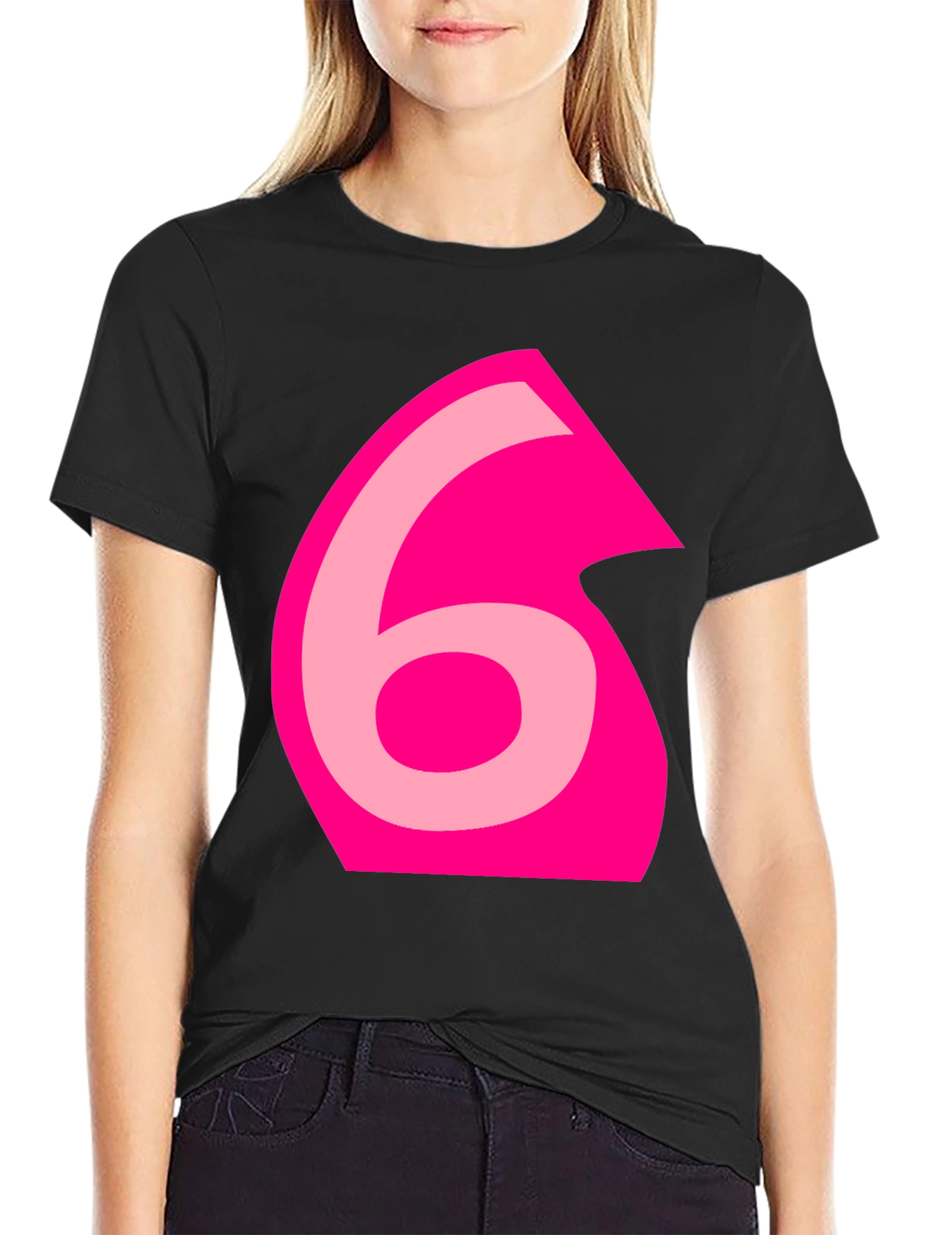 Pink Number 6 Graphic Black Tee