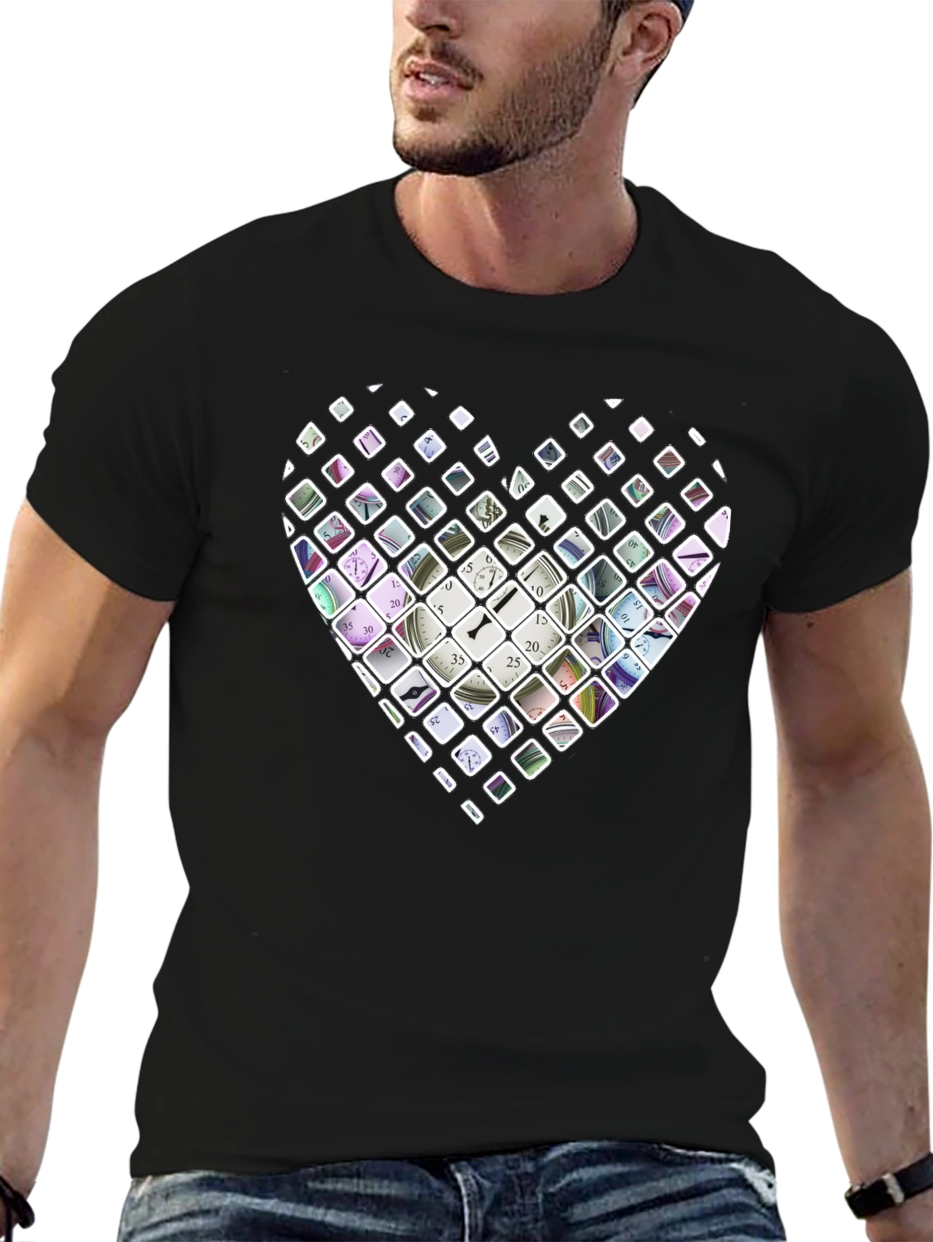 Time Heart Mens Black T-Shirt