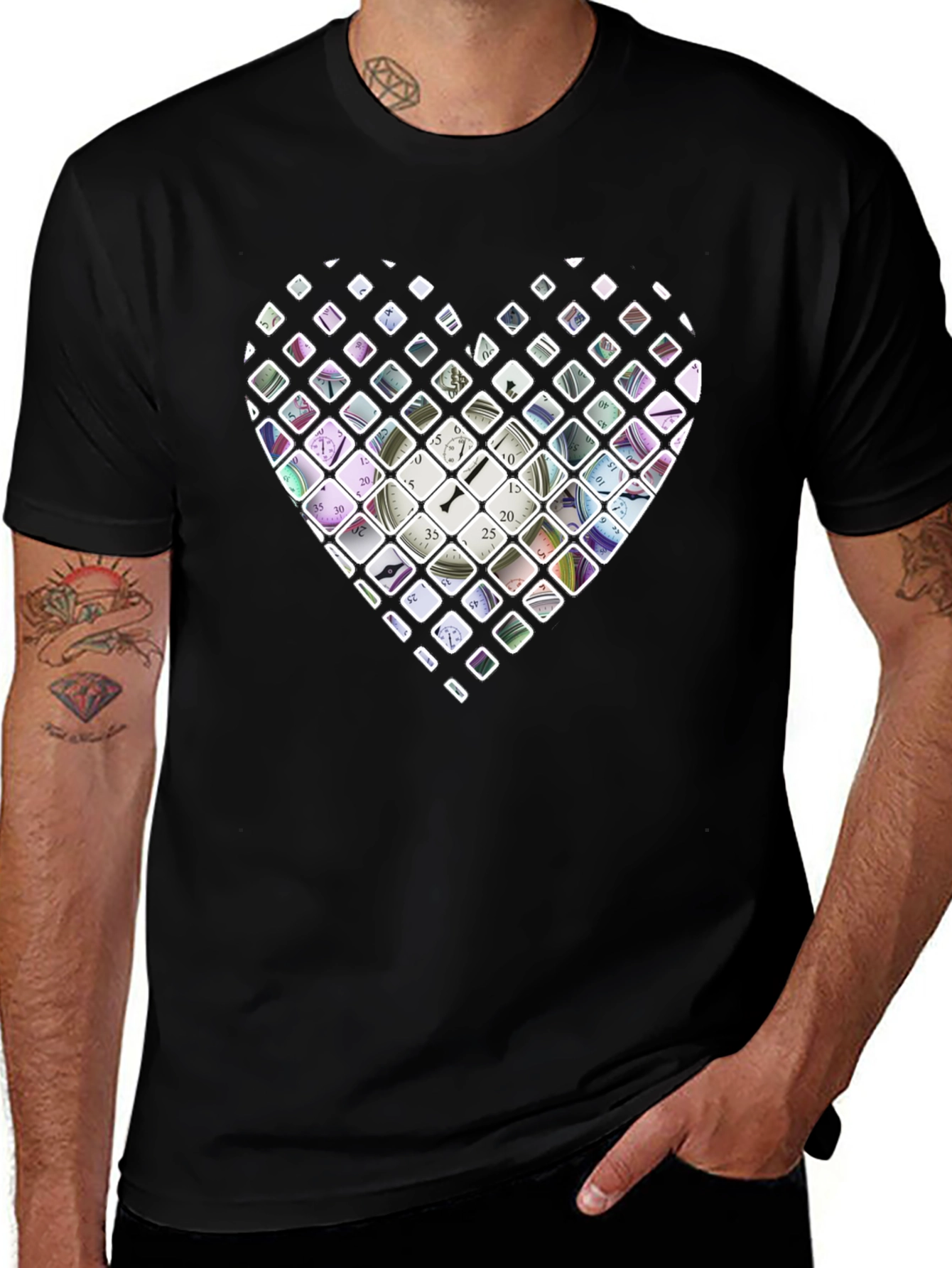 Time Heart Mens Black T-Shirt
