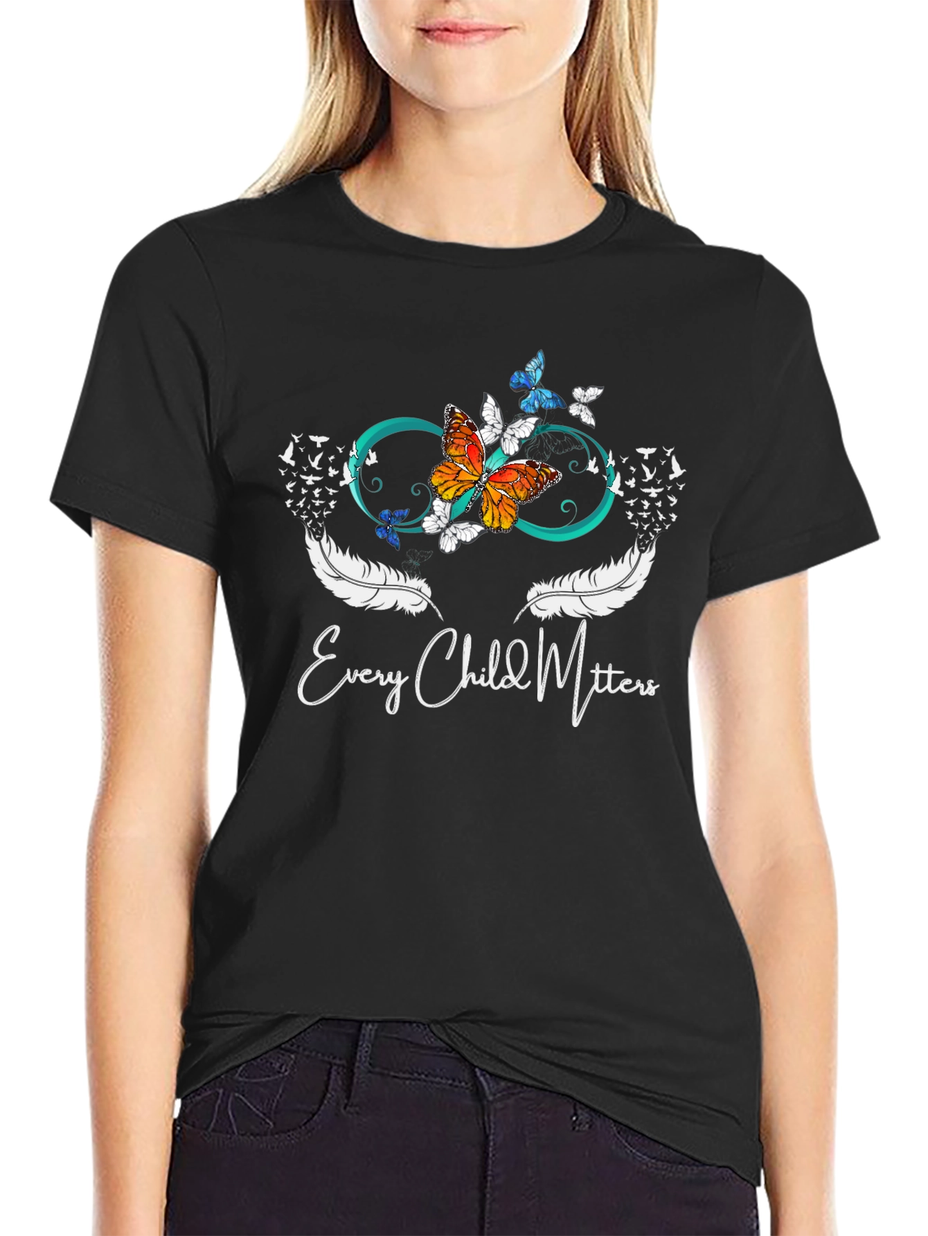 Every Child Matters T-Shirt Butterfly Infinity Feather Design