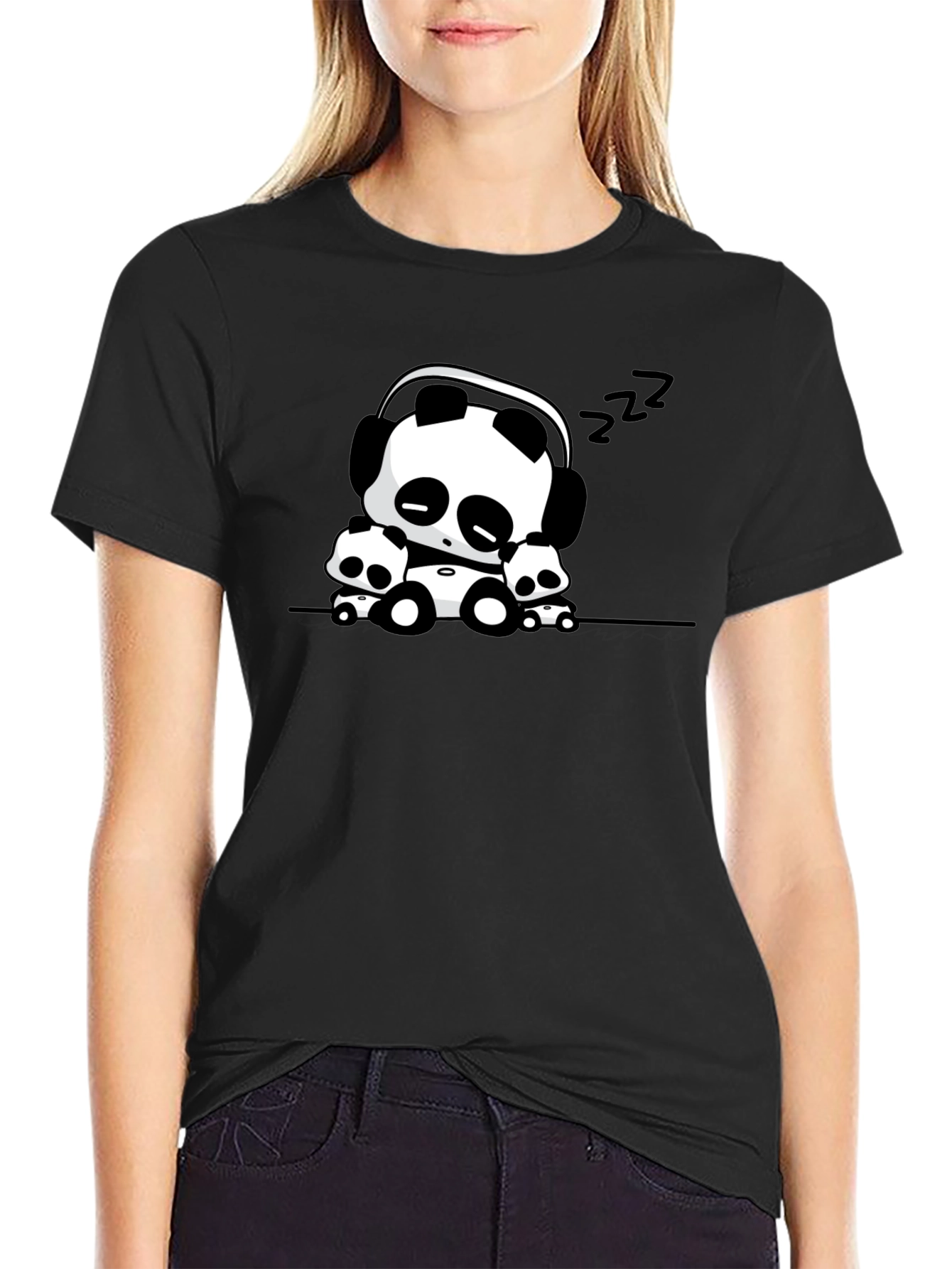 Cute Panda Graphic Tee - Black Cotton Blend