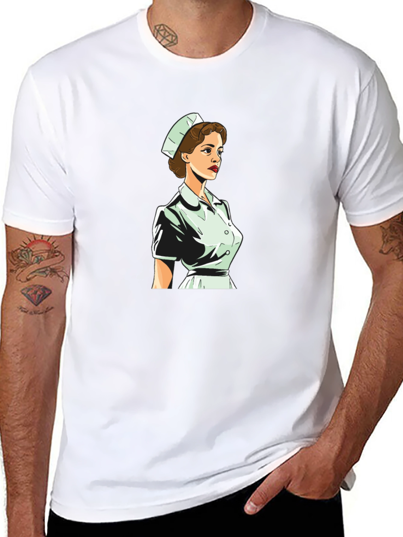 Retro Nurse Graphic Tee - Black Cotton Blend