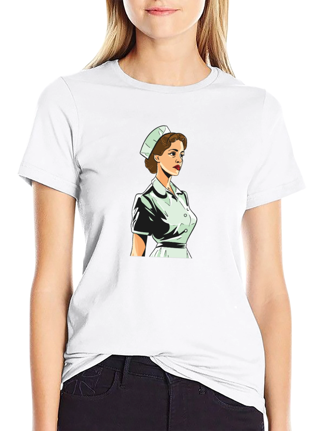 Retro Nurse Graphic Tee - Black Cotton Blend