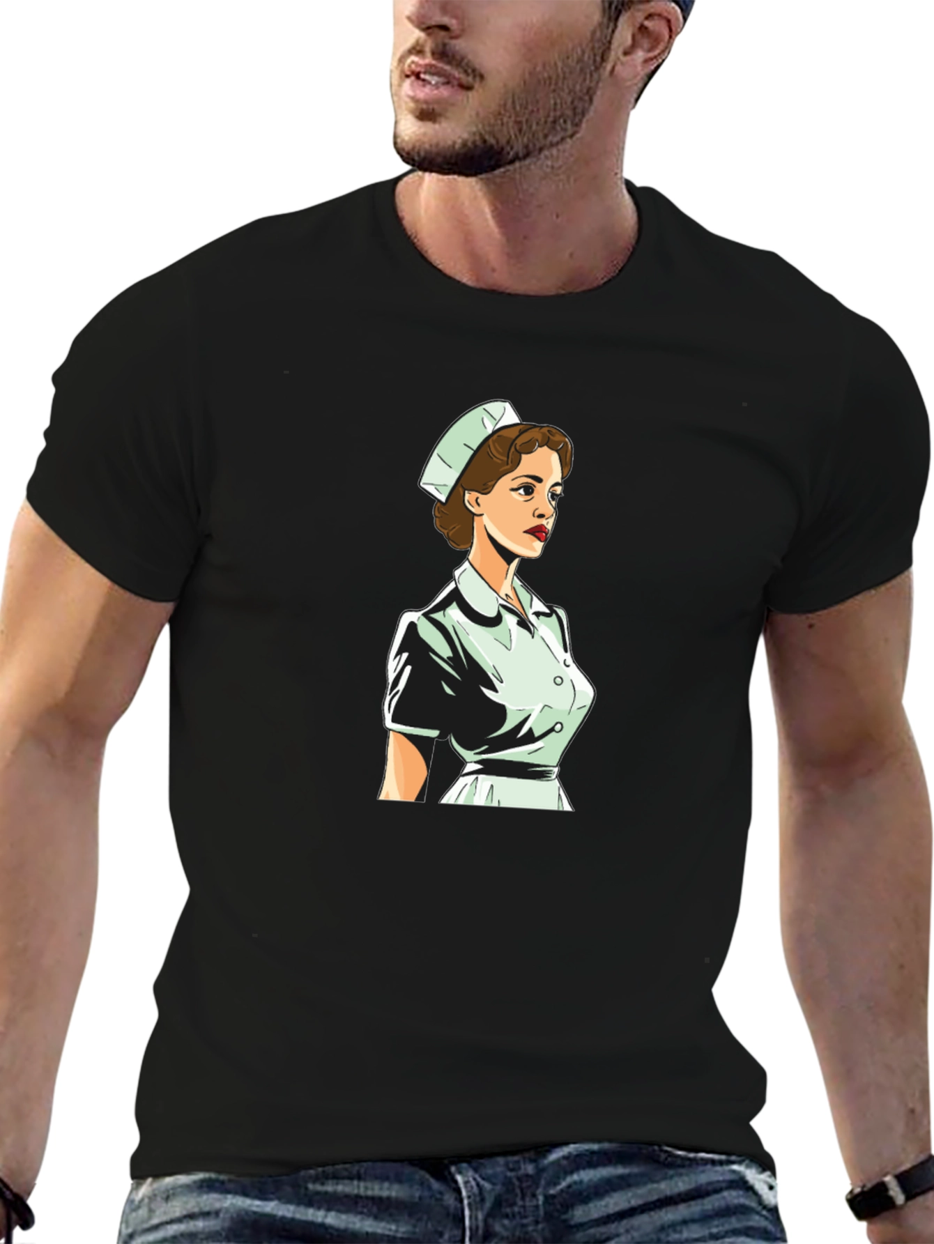 Retro Nurse Graphic Tee - Black Cotton Blend