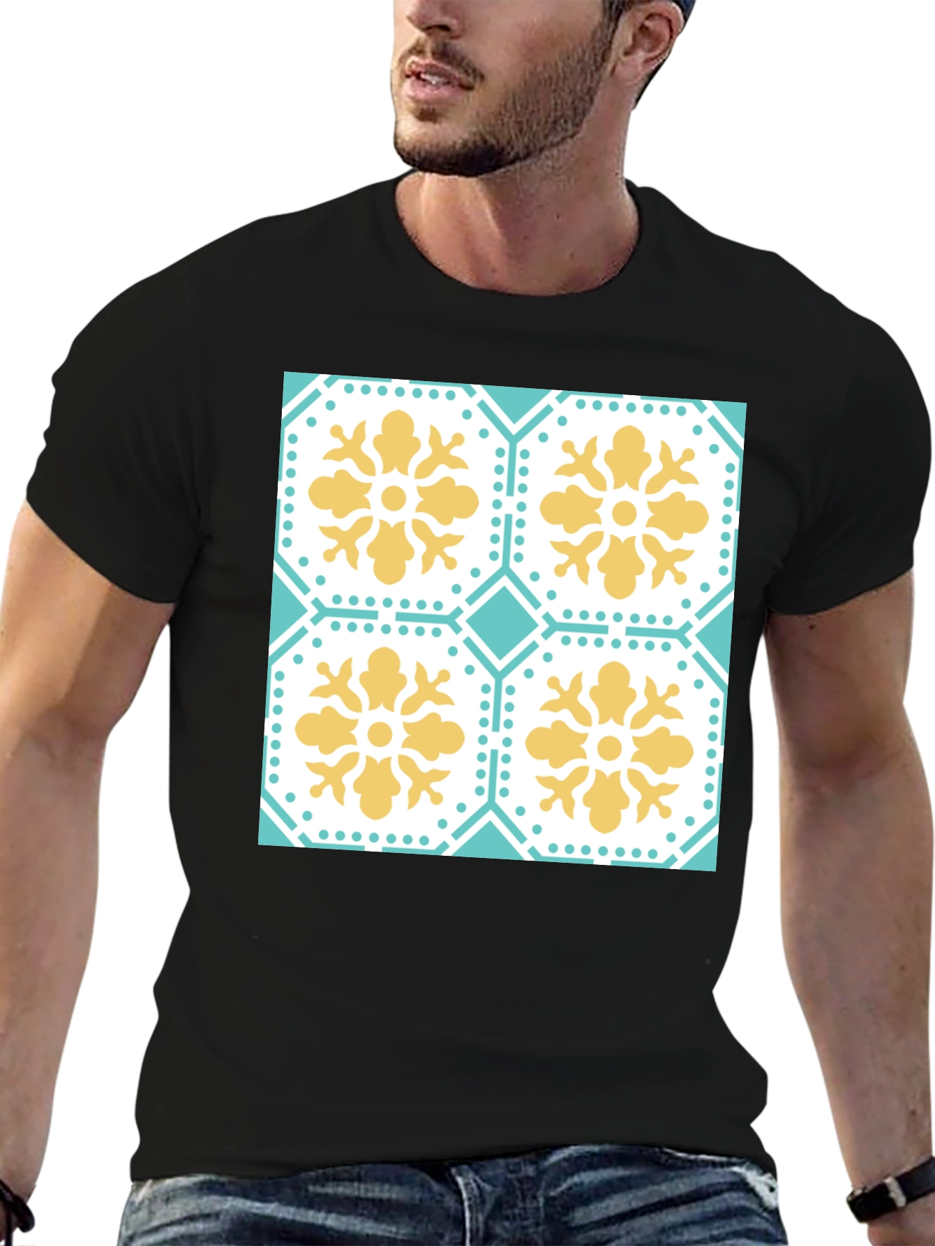 Floral Tile Pattern Tee - Black Crew Neck