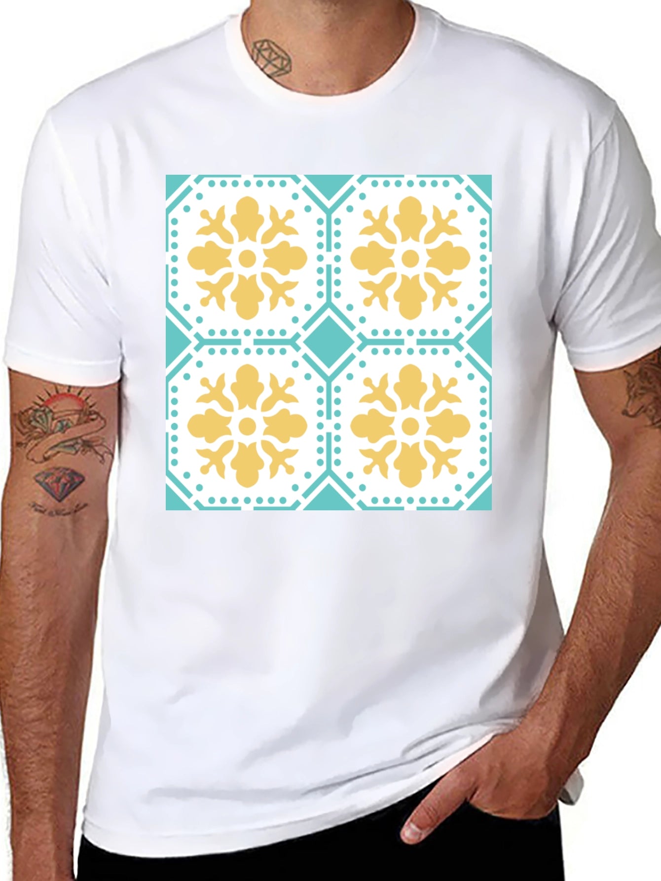 Floral Tile Pattern Tee - Black Crew Neck