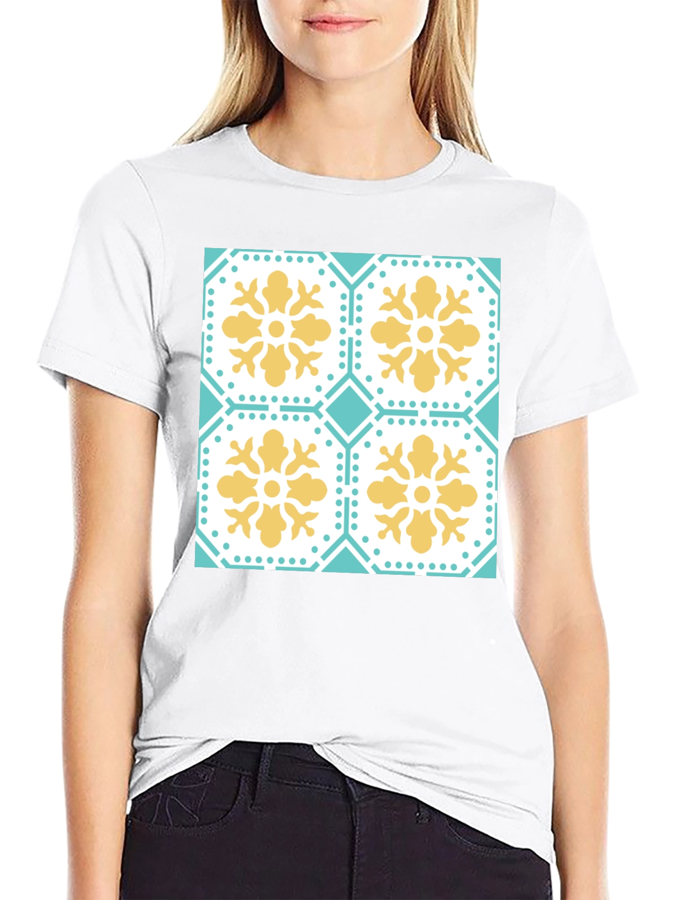Floral Tile Pattern Tee - Black Crew Neck