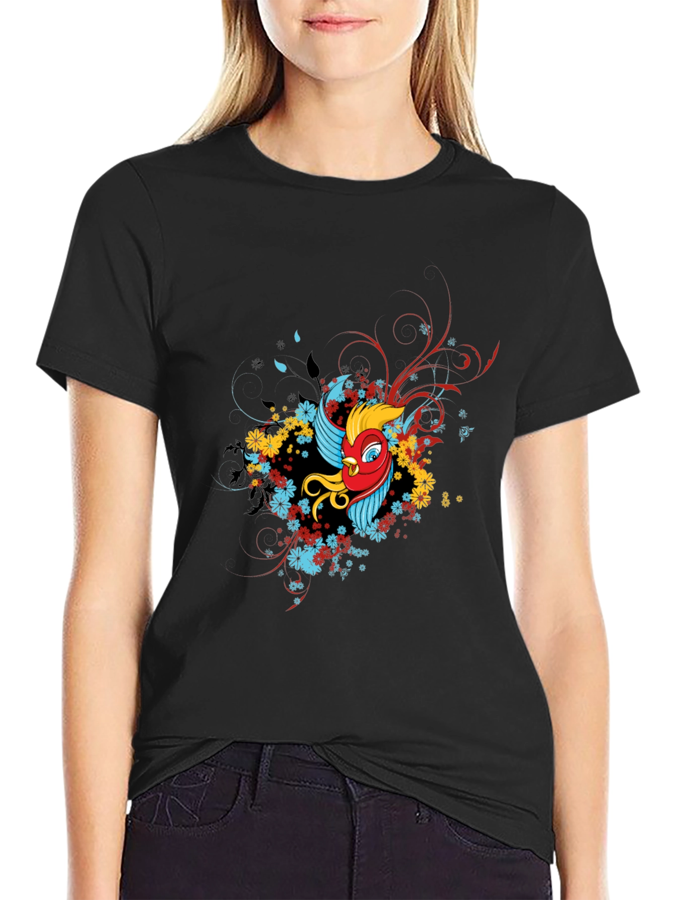 Stylish Black T-Shirt with Bird Graphic Design