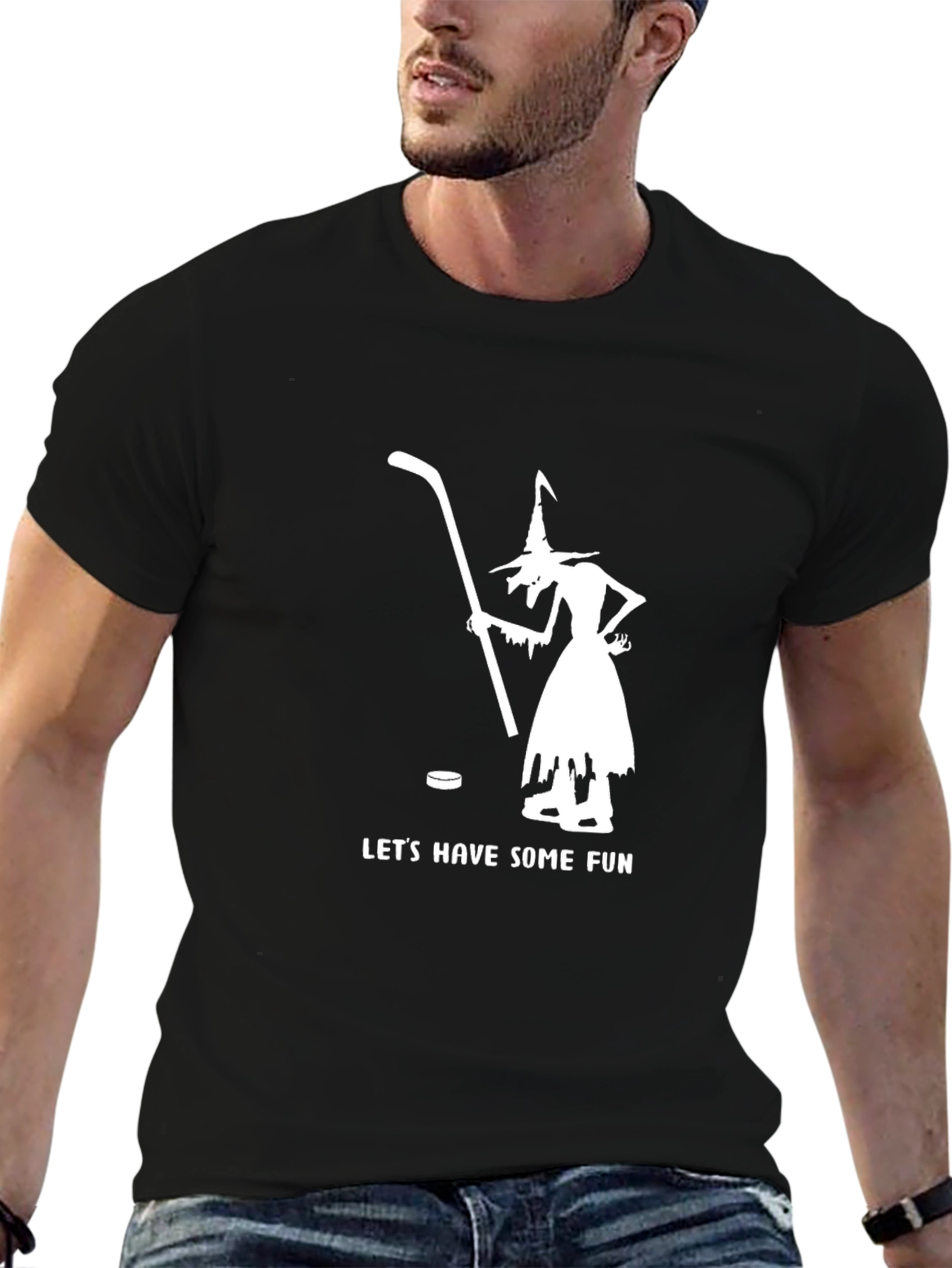 Witch Hockey Fun T-Shirt - Black Cotton Blend