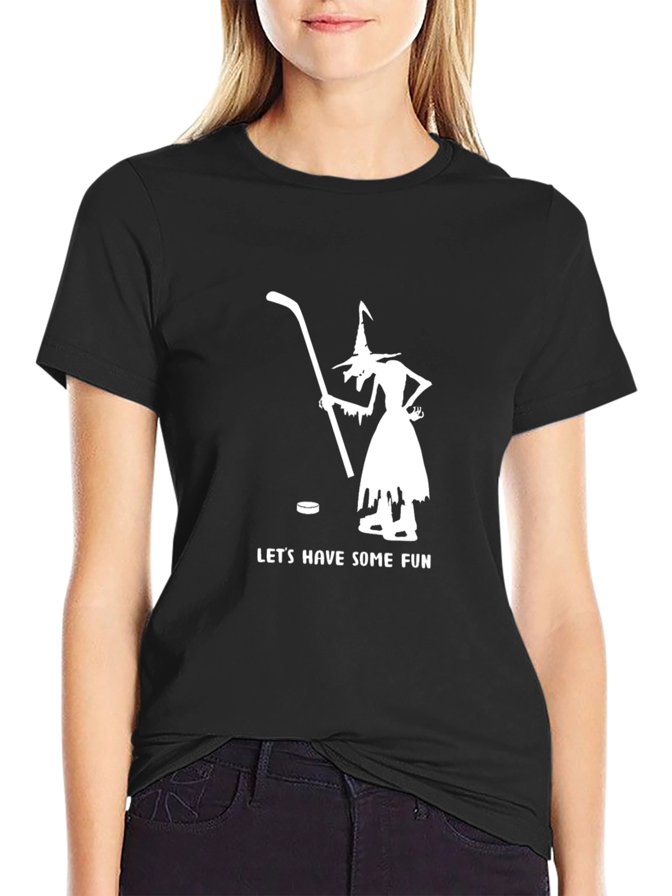 Witch Hockey Fun T-Shirt - Black Cotton Blend
