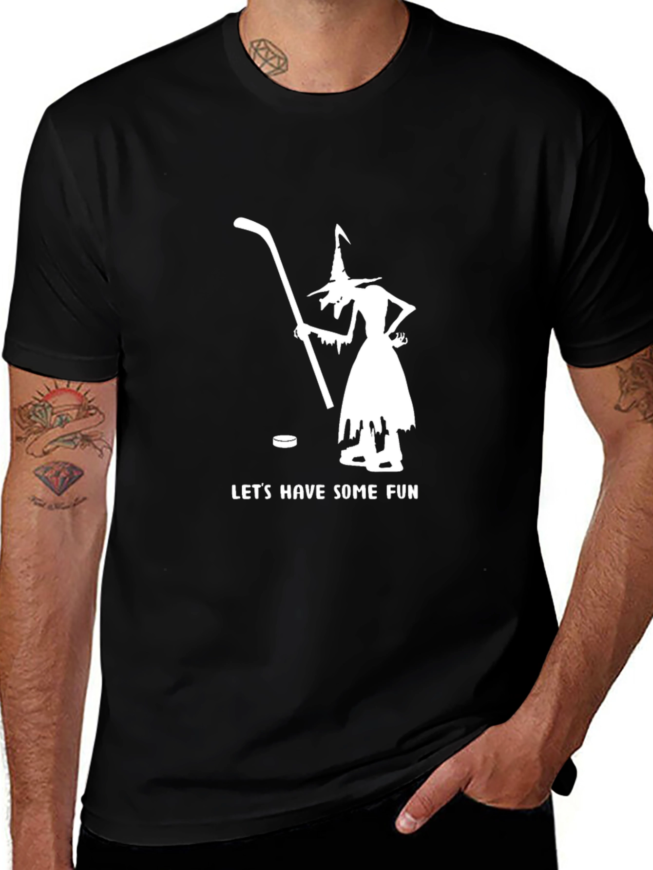 Witch Hockey Fun T-Shirt - Black Cotton Blend