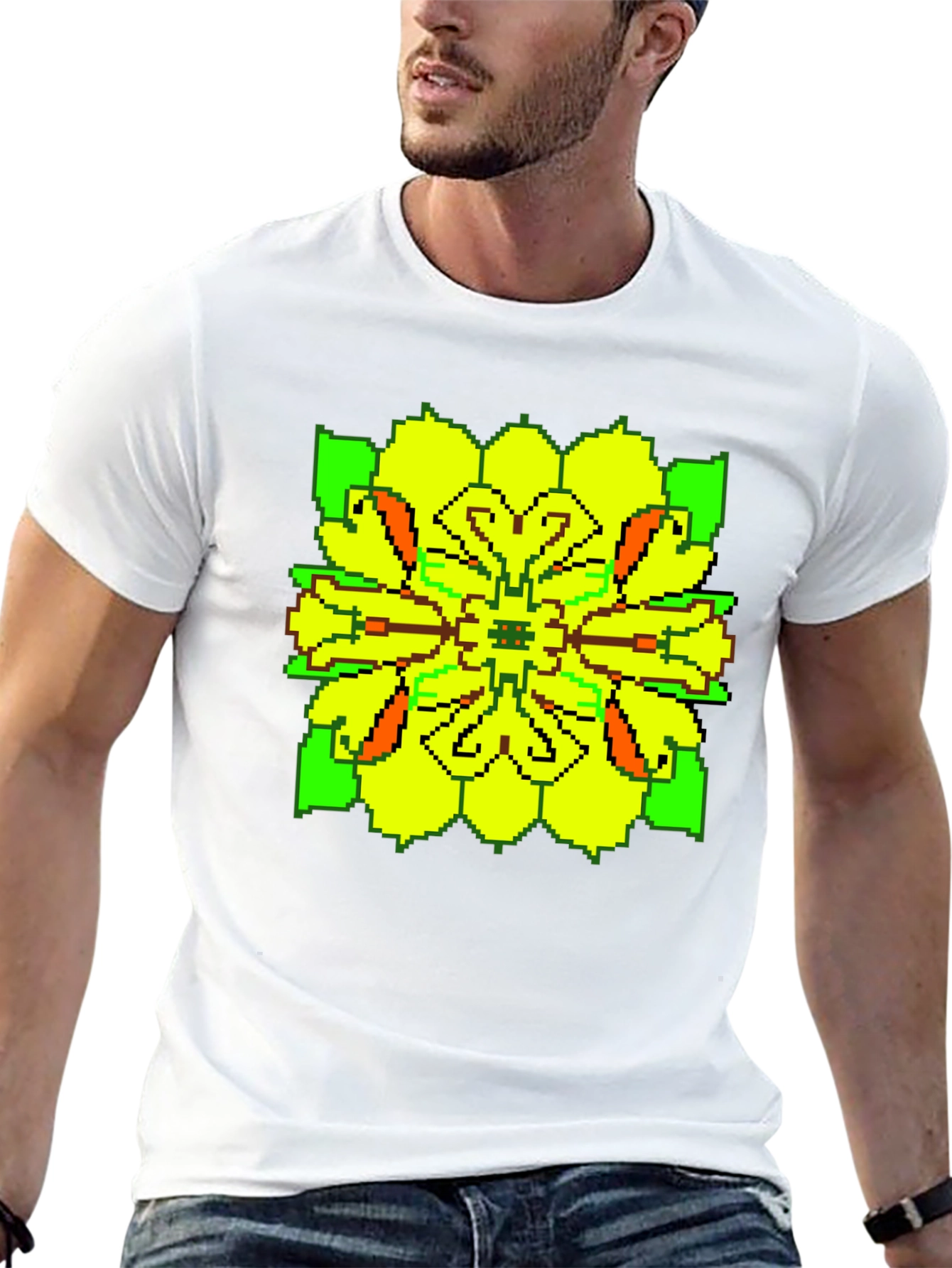 Pixelated Floral Graphic Tee - Retro Style