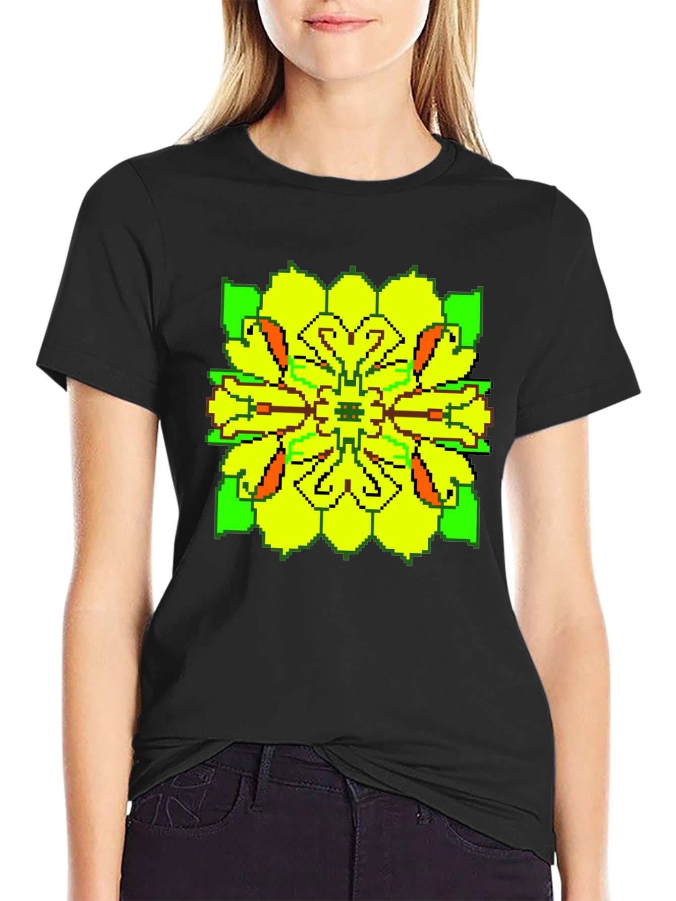 Pixelated Floral Graphic Tee - Retro Style