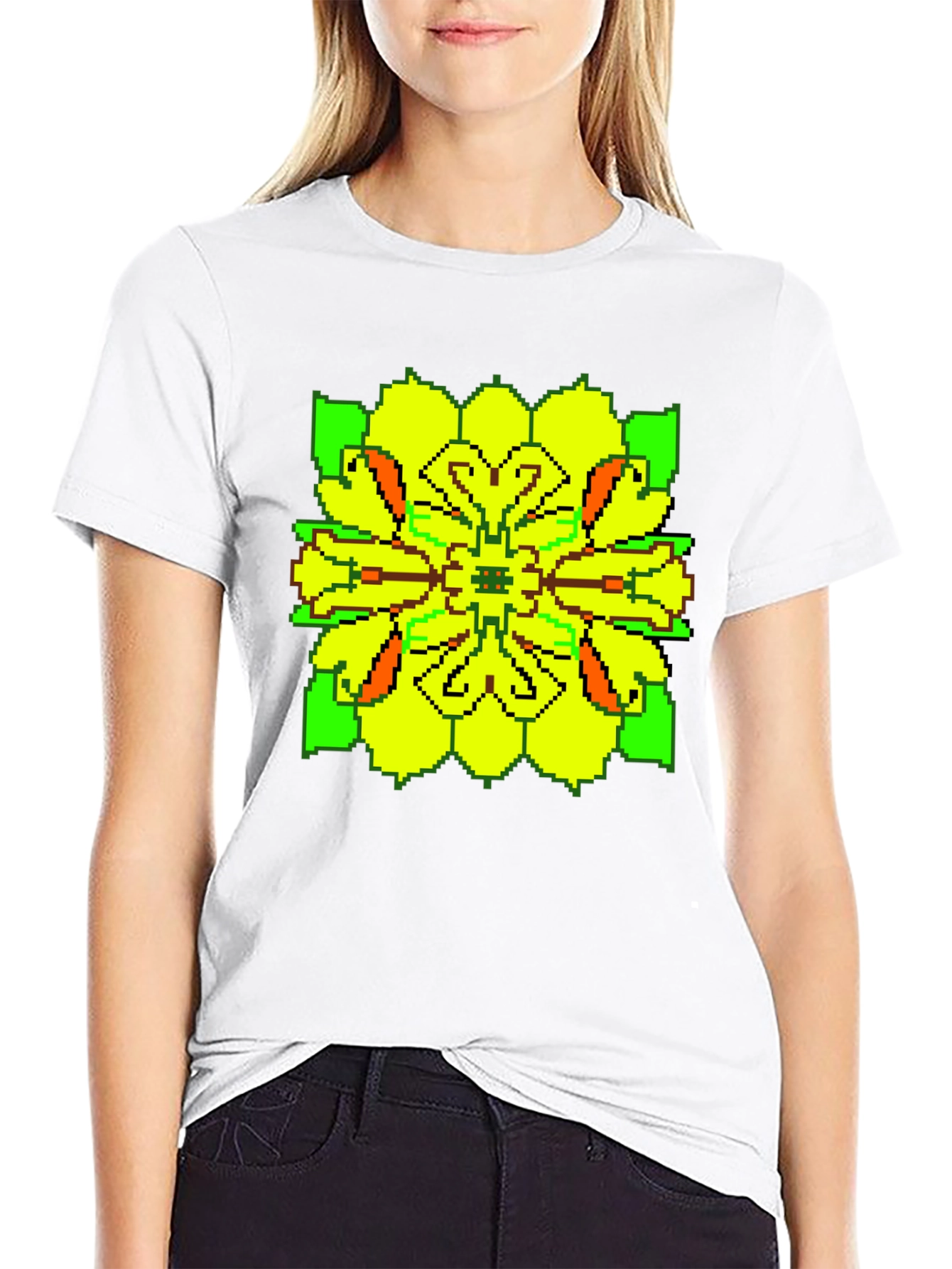 Pixelated Floral Graphic Tee - Retro Style
