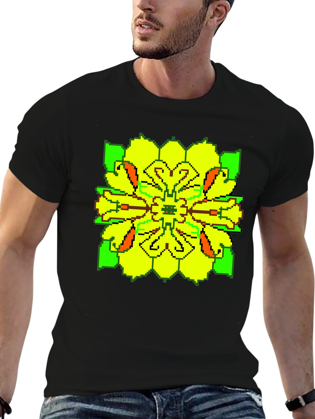 Pixelated Floral Graphic Tee - Retro Style