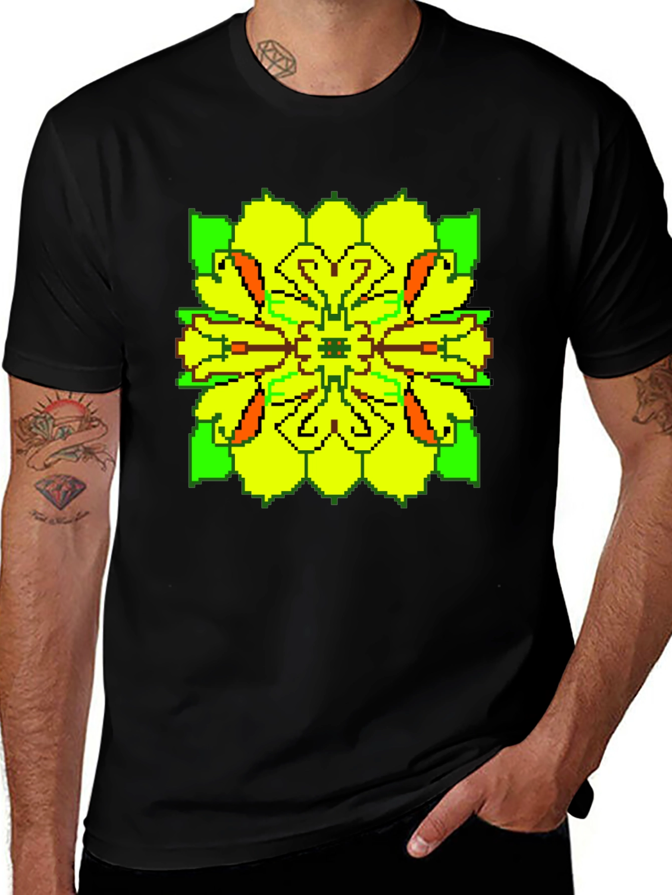 Pixelated Floral Graphic Tee - Retro Style