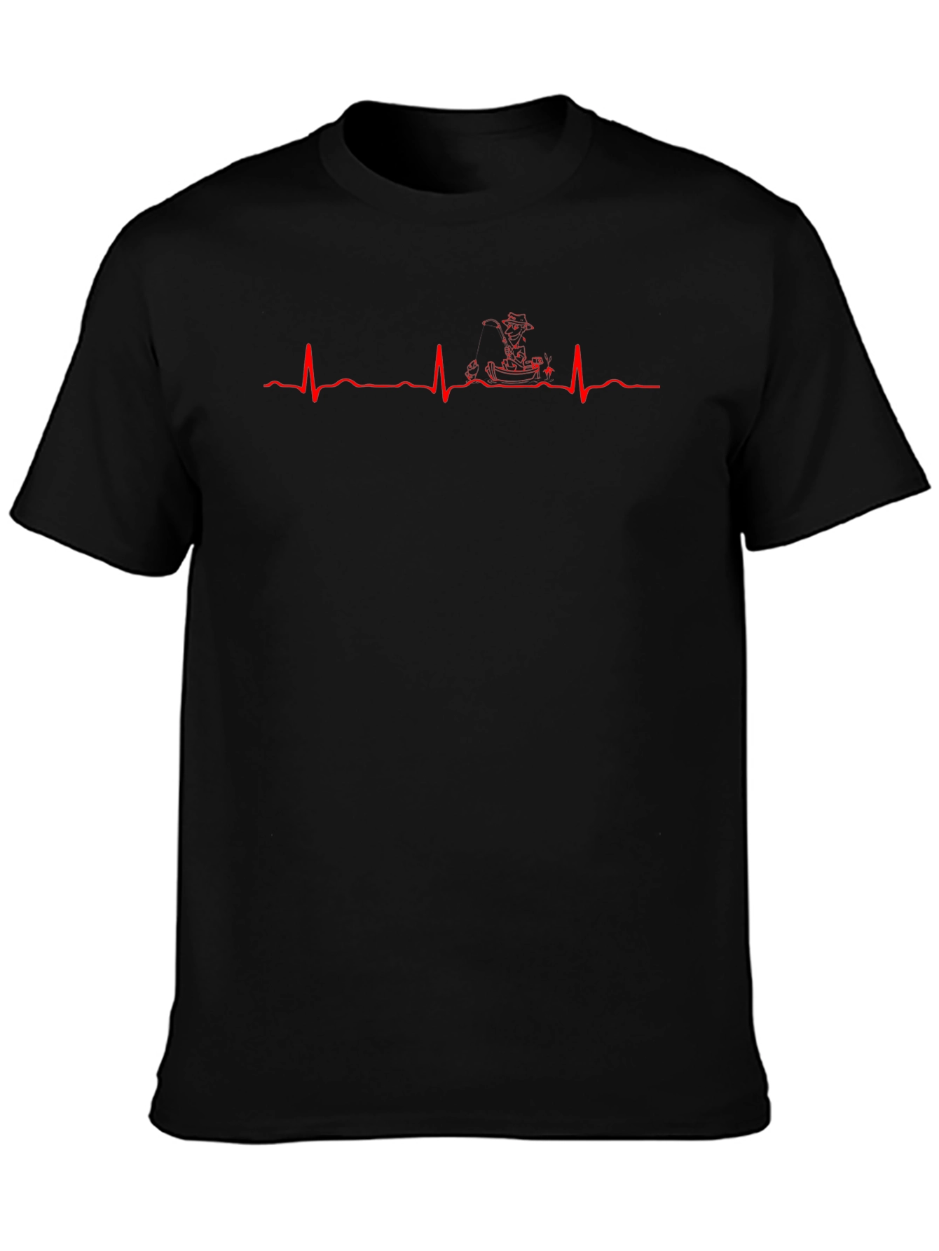 Black T-Shirt with Red Heartbeat Pirate Ship Design