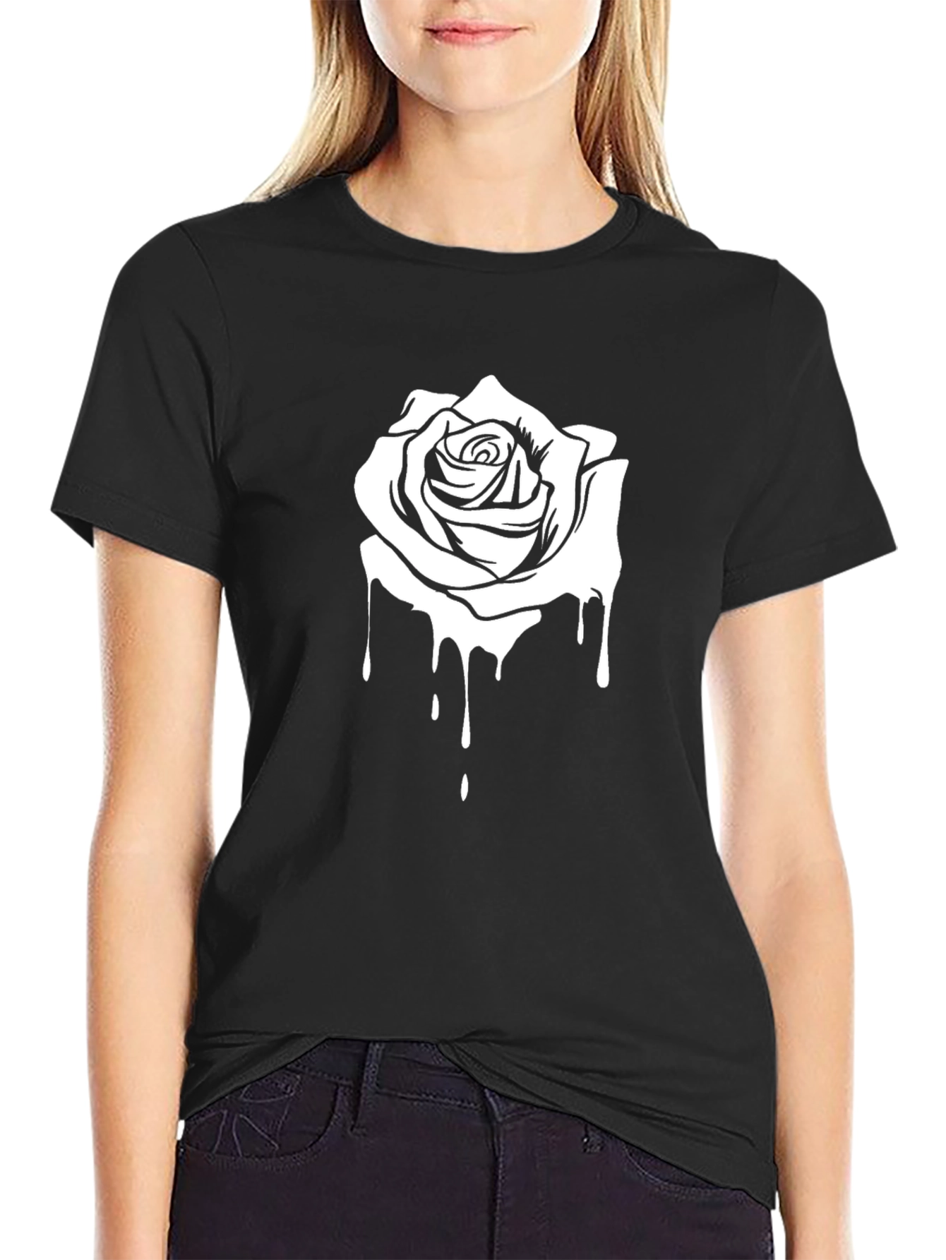 Rose Drip Graphic Tee - Cool Black Cotton T-Shirt